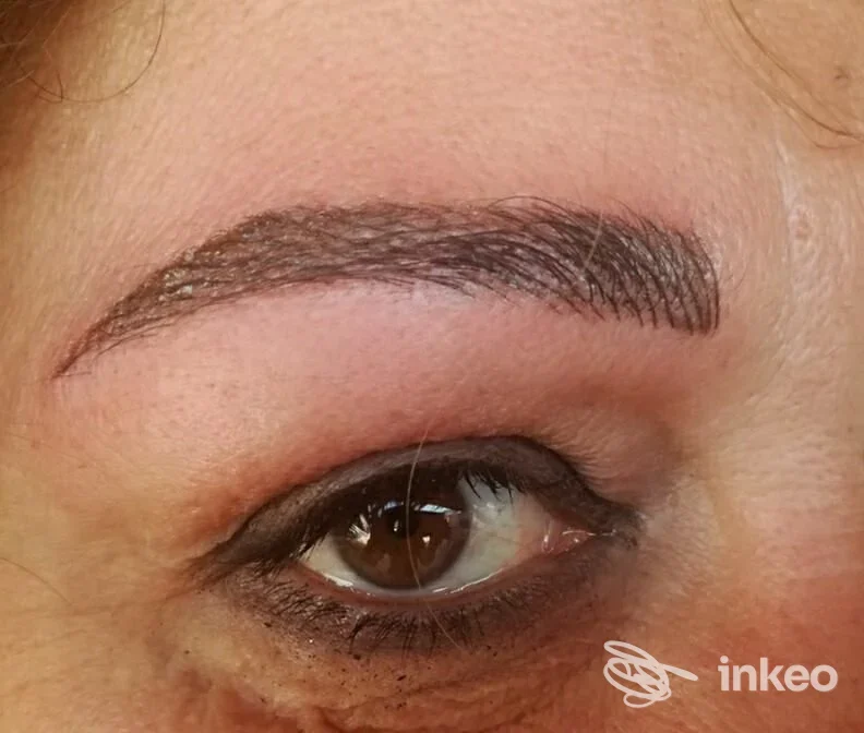 Sopracciglio tatuato/ dermopigmentazione visibile sulla pelle destra di una persona, con trucco intorno agli occhi.