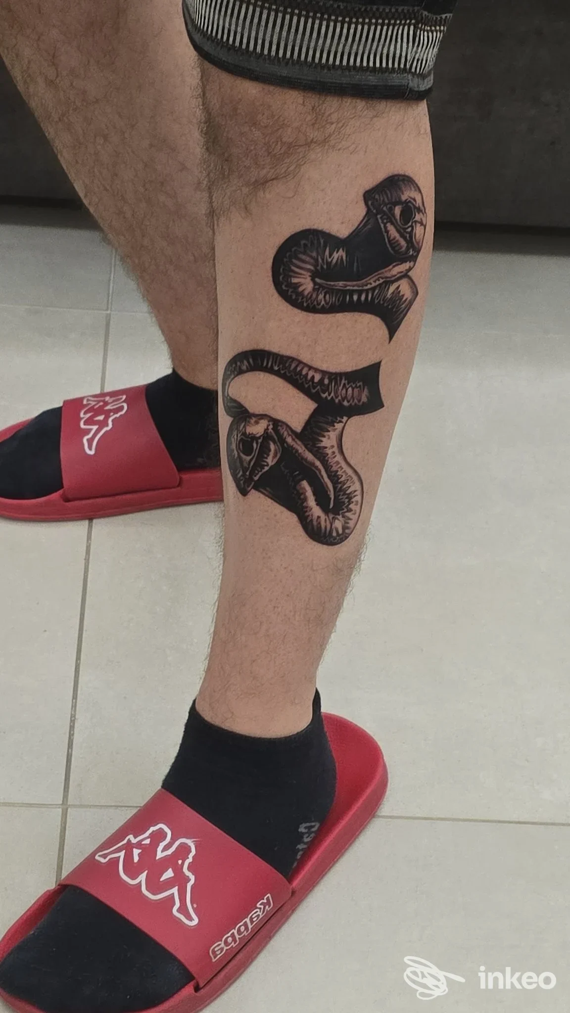 Tattoo su gamba raffigurante serpente, in tinta nera, eseguito dal Petracore Tattoo Studio a Napoli, visibile sulla gamba di una persona.