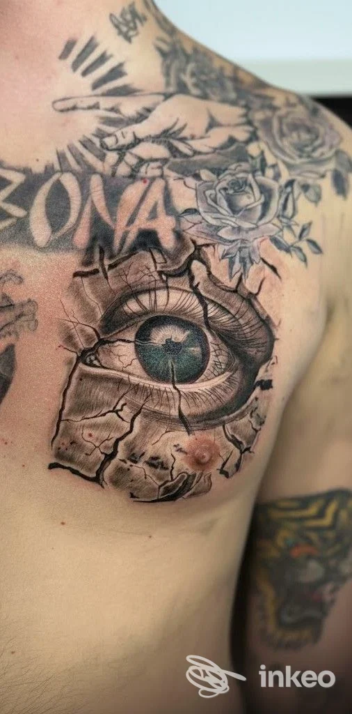 Tattoo realistico di un occhio racchiuso in una crepa, su pelle del torace, con dettagli di roccia e sfondo pelle, sul braccio vicino a braccio tatuato; studio Trinity Tattoo & Piercing, San Giorgio a Cremano.