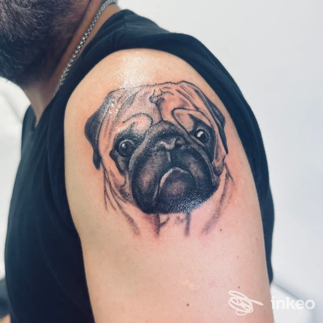 Soggetto principale un tatuaggio realistico di un bulldog sulla spalla sinistra, realizzato nello studio Deb Art Tattoo a Felino, con tonalità nere e grigi.