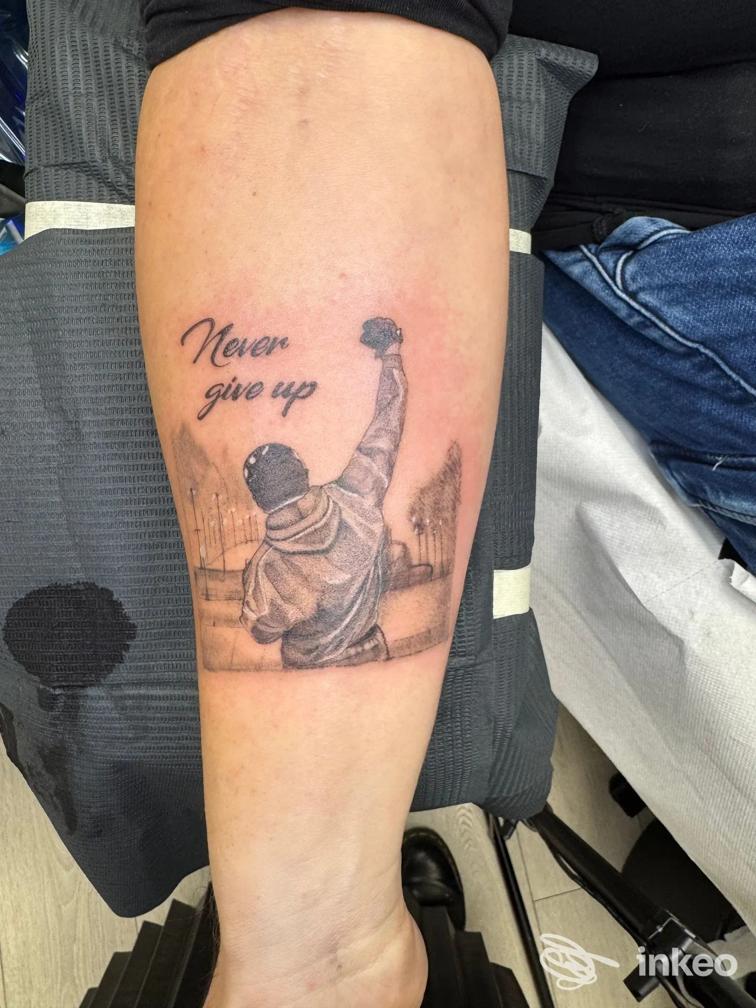 Tatuaggio sul braccio raffigurante una figura che solleva un braccio, con la scritta Never give up. Lavoro corporeo definitivo visibile su pelle, realizzato a Felino (Deb Art Tattoo).