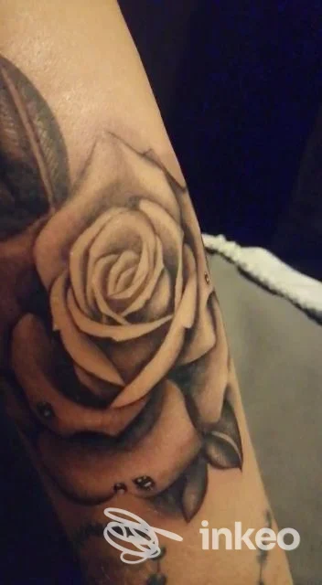 Tatuaggio realistico di rosa su pelle, visibile sul braccio; nessun viso mostrato, ambito non promozionale.