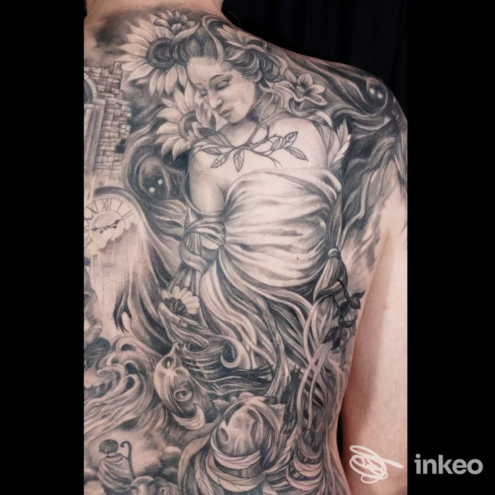 Tattoo in bianco e nero su pelle, raffigurante una donna circondata da fiori e motivi decorativi, occupa spalla e parte della schiena. Nessuna sovrapposizione di social media o testo visibile.
