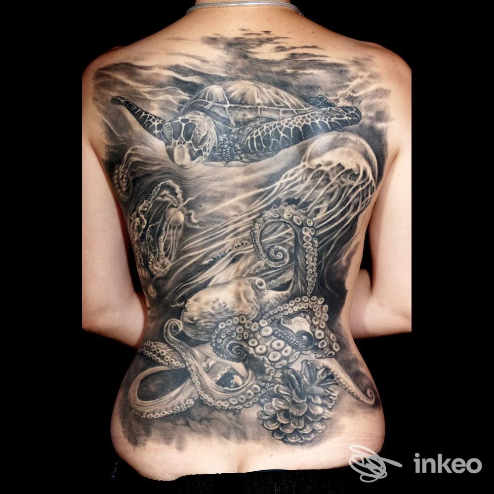 Tattoo integrale sulla schiena raffigurante una tartaruga in alto e una polipo con tentacoli, con onde e dettagli realistici, visibile su pelle reale senza volto.