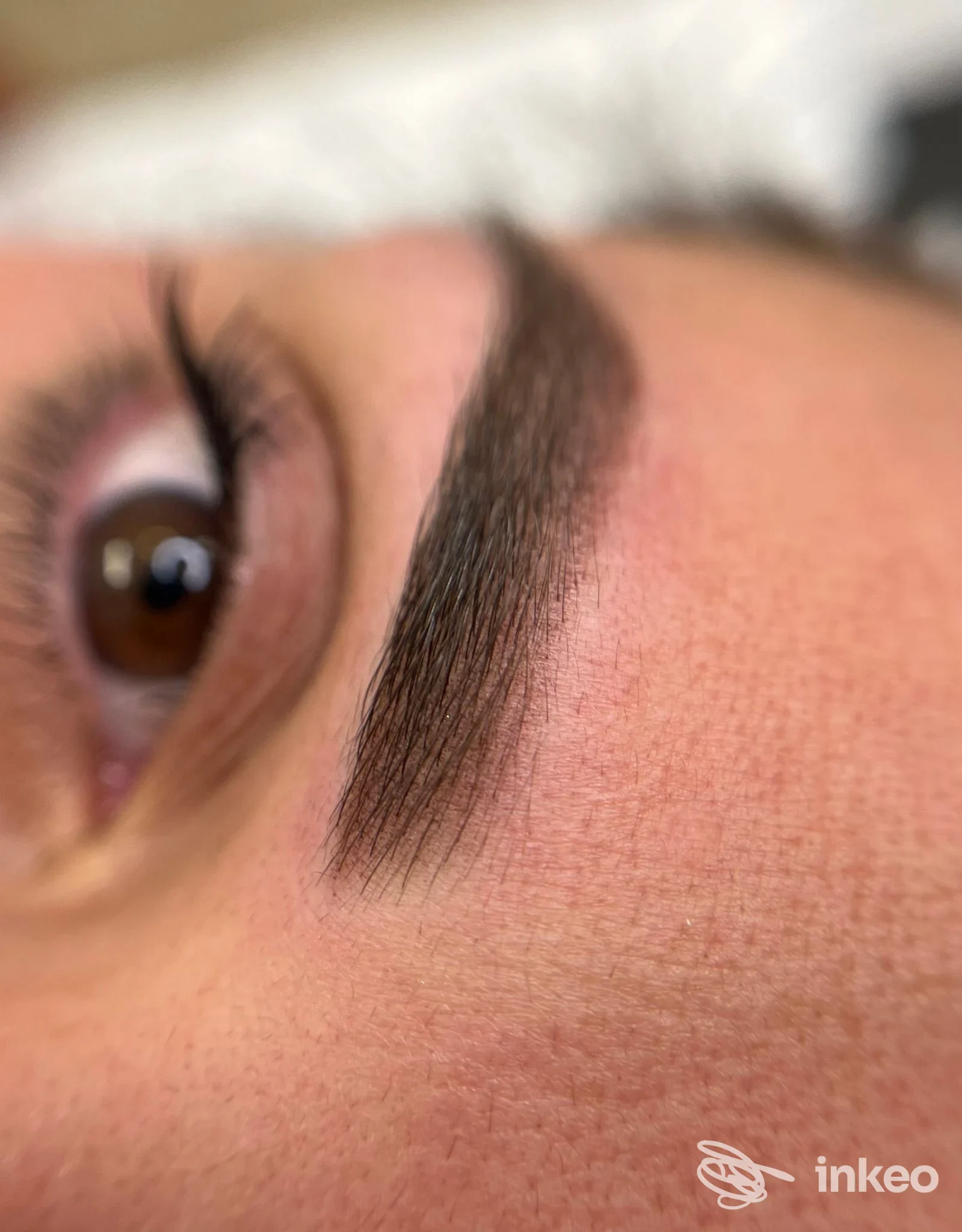 Sopracciglio con trucco permanente visibile sulla pelle, vicino all’occhio; realizzo permanente su arcata sopraccigliare, Bologna, Marina Maimescu Permanent Make-Up.