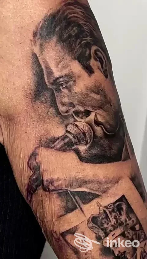 Tattoo realistico sul braccio raffigurante una figura che canta in microfono, realizzato da Pink Shark Tattoo a Misano Adriatico.