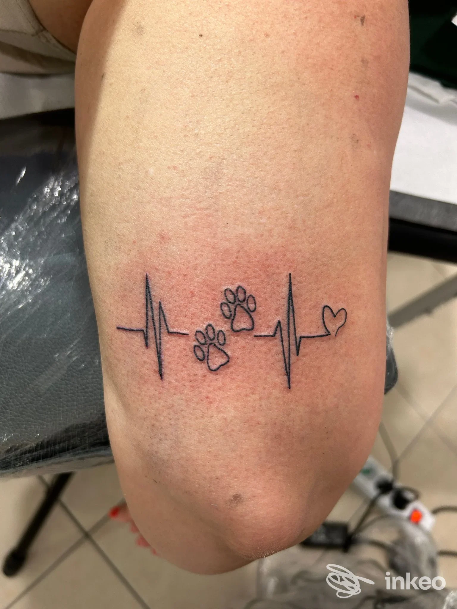 Tatuaggio sull'avambraccio raffigurante un profilo ECG con due impronte di zampa al centro e un piccolo cuore all’estremità destra, su pelle.nel contesto di studio Modern Ink Tattoo a Misano Adriatico.
