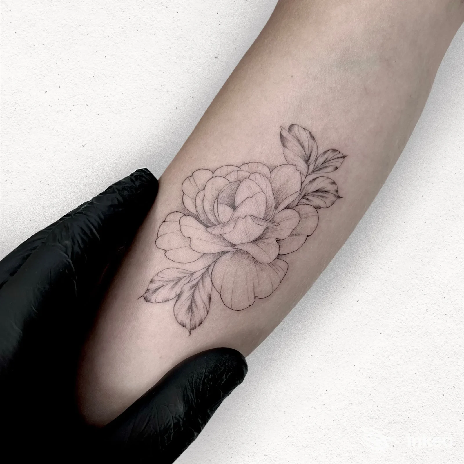 Tatuaggio floreale su avambraccio visibile, eseguito su pelle umana; linee sottili e dettagli delicati. Studio Urto Tattoo Shop, Cesena.