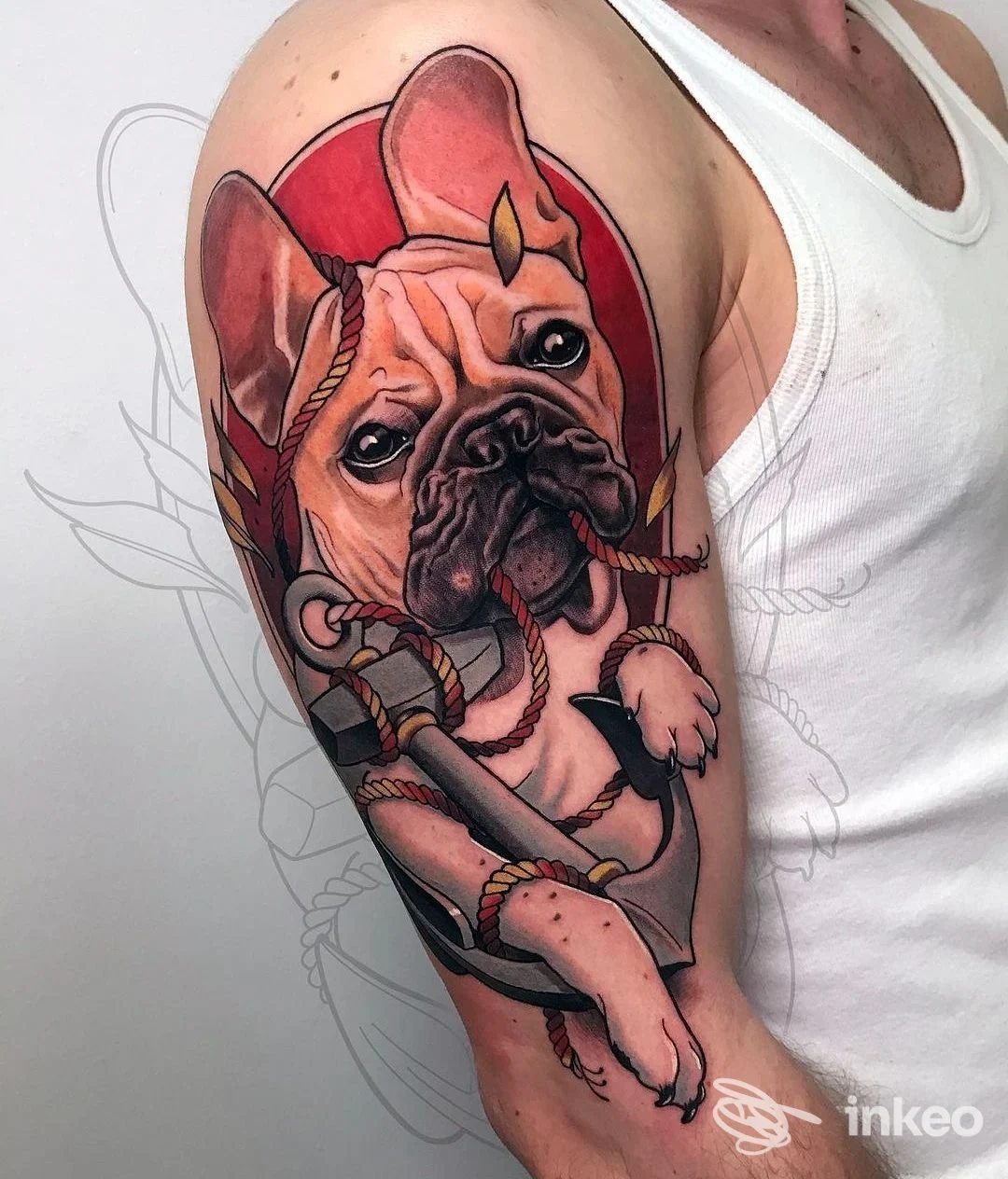 Tattoo a braccio di un uomo, Bulldog colorato con corde, ricco di dettagli, visibile sulla pelle del braccio.