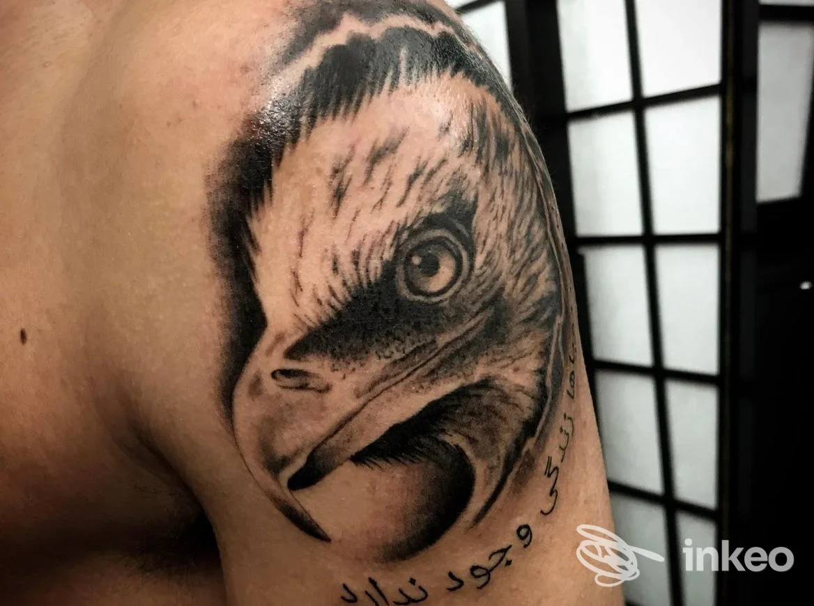Tatuaggio realistico di una testa di uccello tatuato sulla pelle del braccio, visibile in primo piano, senza volto umano rilevante.