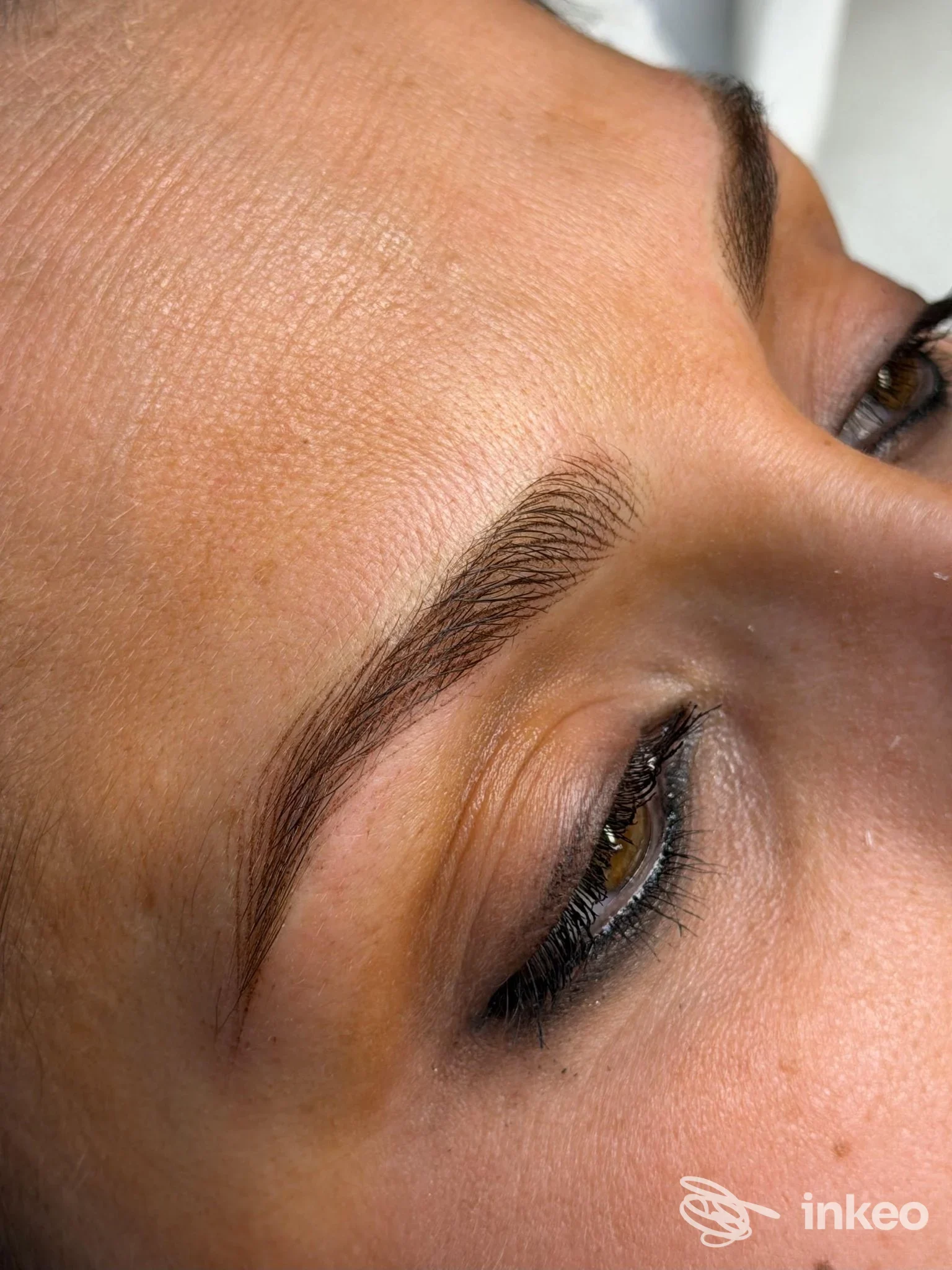 Sopracciglia tatuate permanentemente su pelle, inquadratura ravvicinata dell’arcata e della zona oculare destra; studio Elena make-up Tattoo a Fiorenzuola d'Arda.