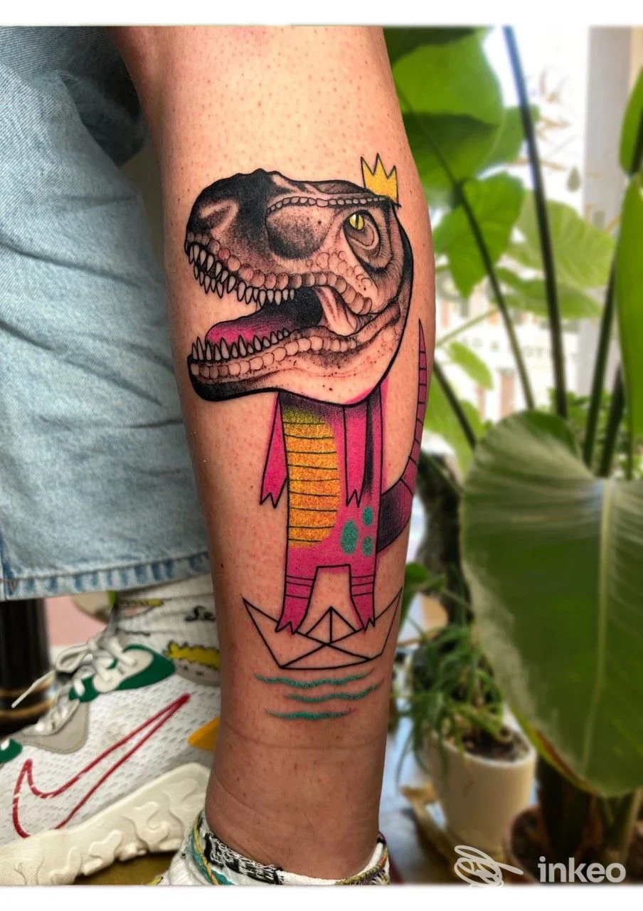 Tatuaggio colorato con testa di dinosauro e figure geometriche sul polpaccio, scatto di Nero Di Seppia Tattoo & Piercing, Cattolica.