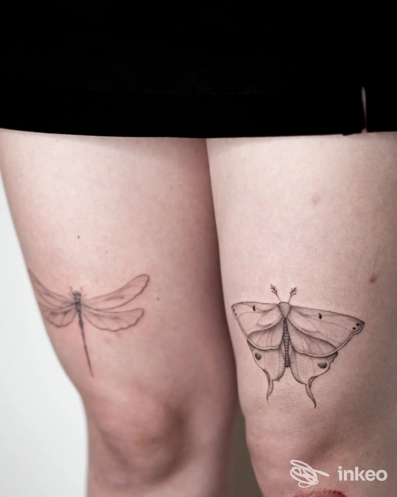 Due tatuaggi su pelle visibile: una libellula sulla coscia sinistra e una falena sulla coscia destra, senza volto visibile, sfondo chiaro.
