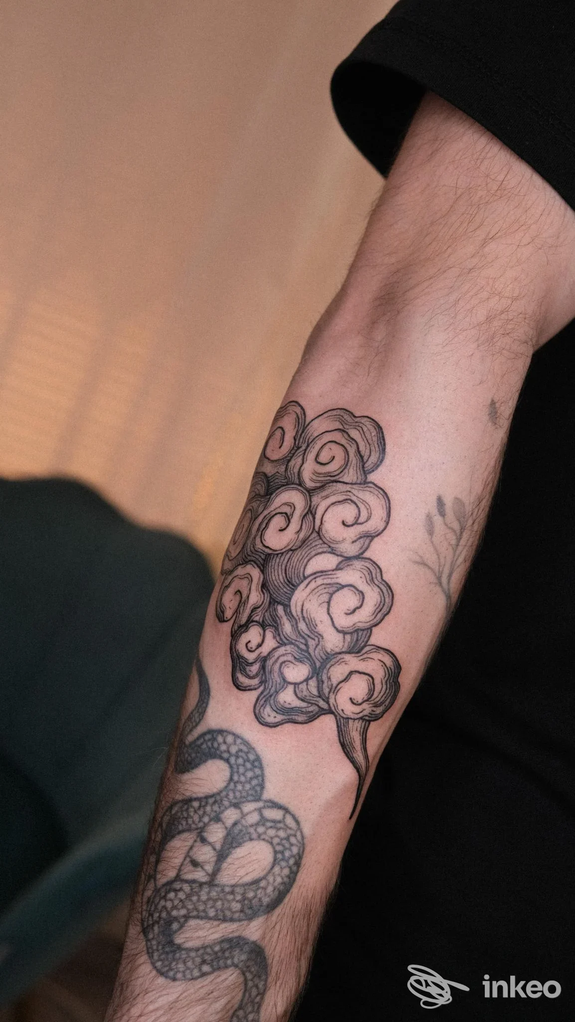 Primo piano di avambraccio tatuato con serpente e nubi stilizzate, foto per Klinti Studio Modena.