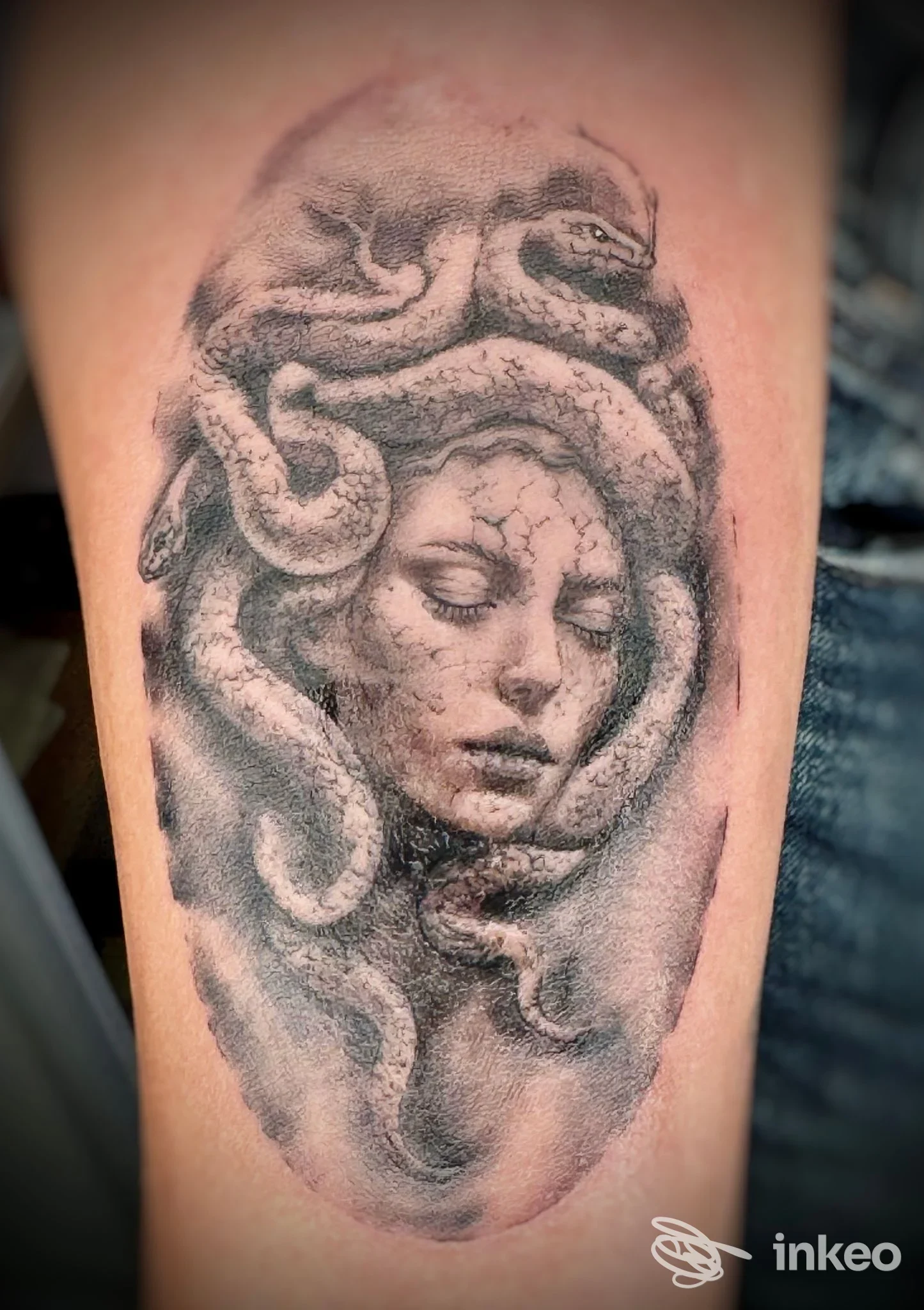 Tatuaggio realistico in nero/grigio raffigurante Medusa con serpenti, su avambraccio. ÂmeArt tattoo&beauty, Piacenza.