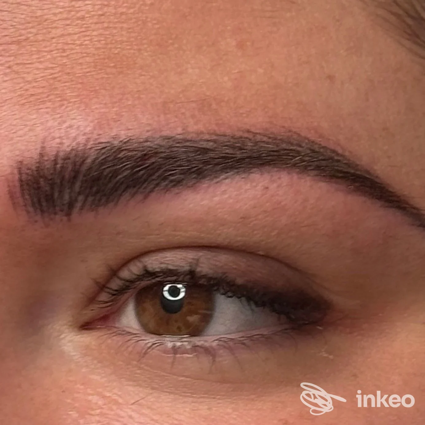 Primo piano di sopracciglio con dermopigmentazione (microblading) realizzato da ÂmeArt tattoo&beauty a Piacenza, dettaglio su pelle reale.