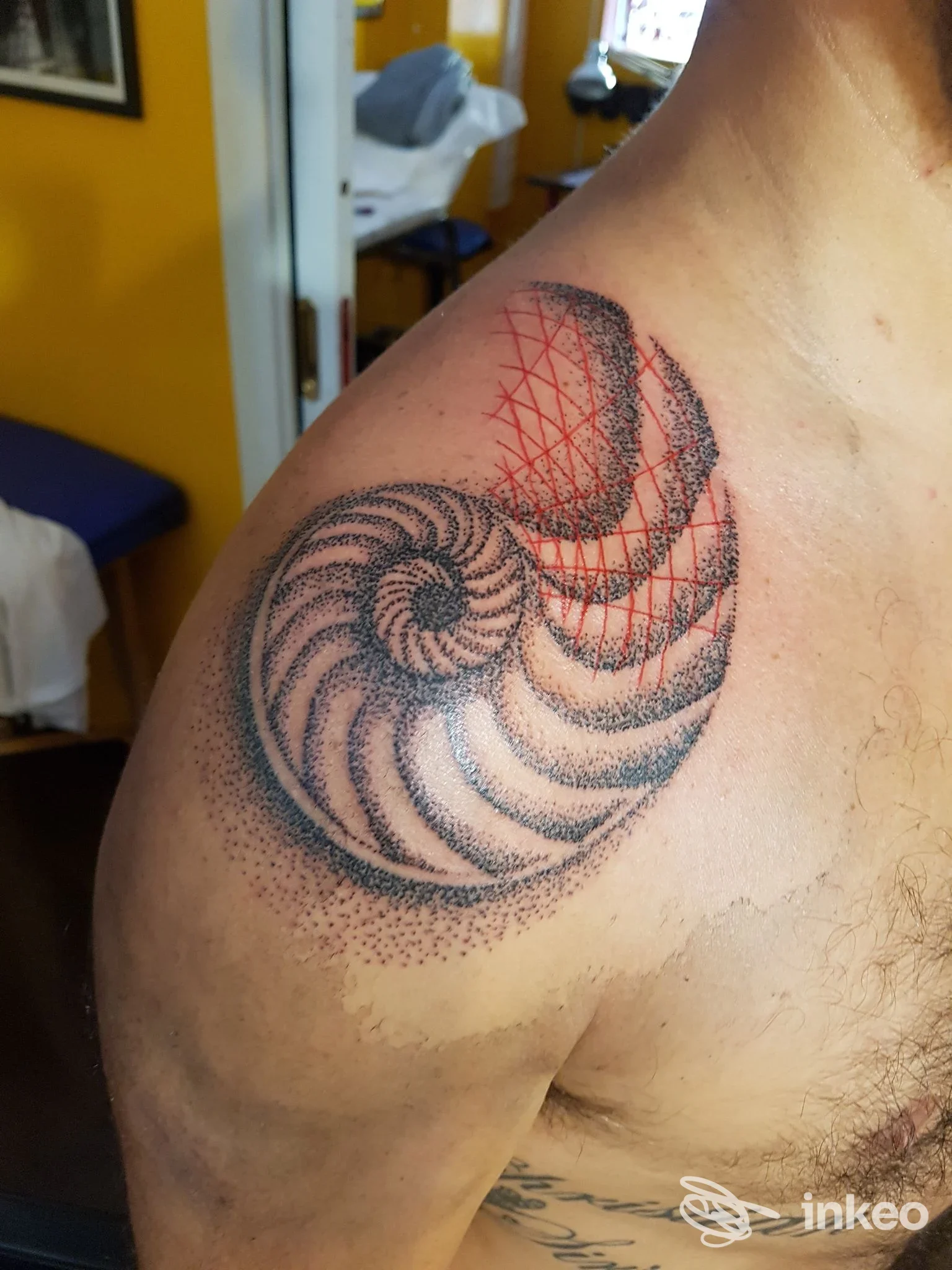 Tatuaggio dotwork e geometrico sul deltoide e torace, fotografia realizzata presso Max Tattoo a Casalecchio di Reno.