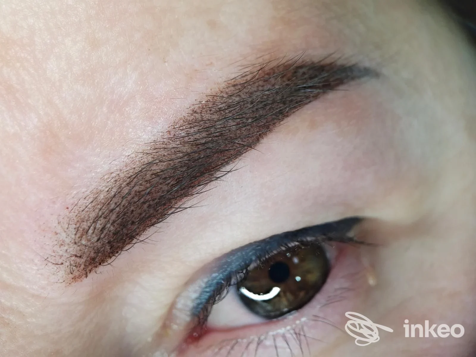 Primo piano del sopracciglio e contorno occhi con trucco permanente; immagine fornita da More Piercing e PMU, Collecchio.