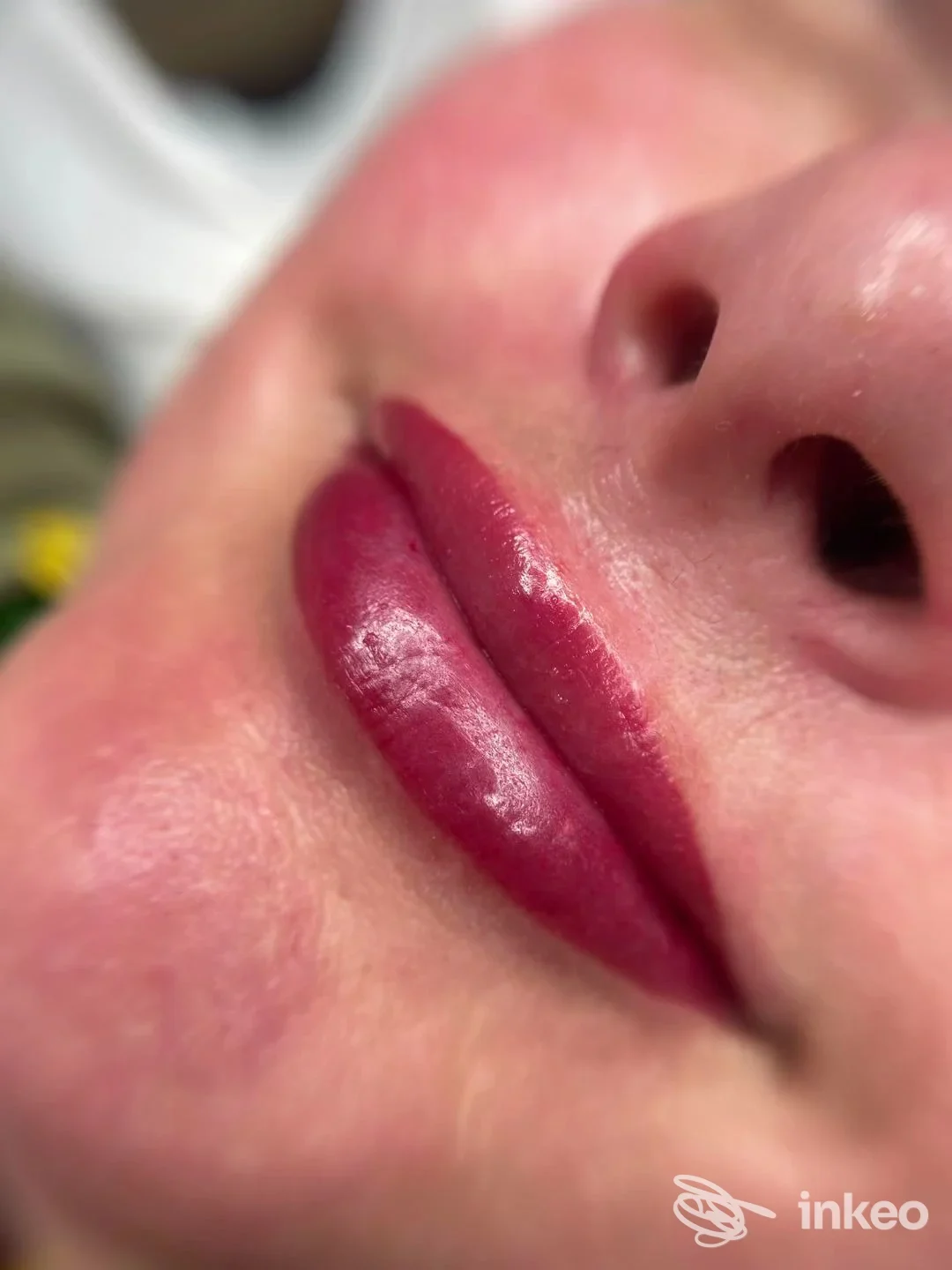 Primo piano di labbra con trucco permanente realizzato da Federica Dragoni permanent makeup a Cesena, dettagli del pigmento e lucentezza.