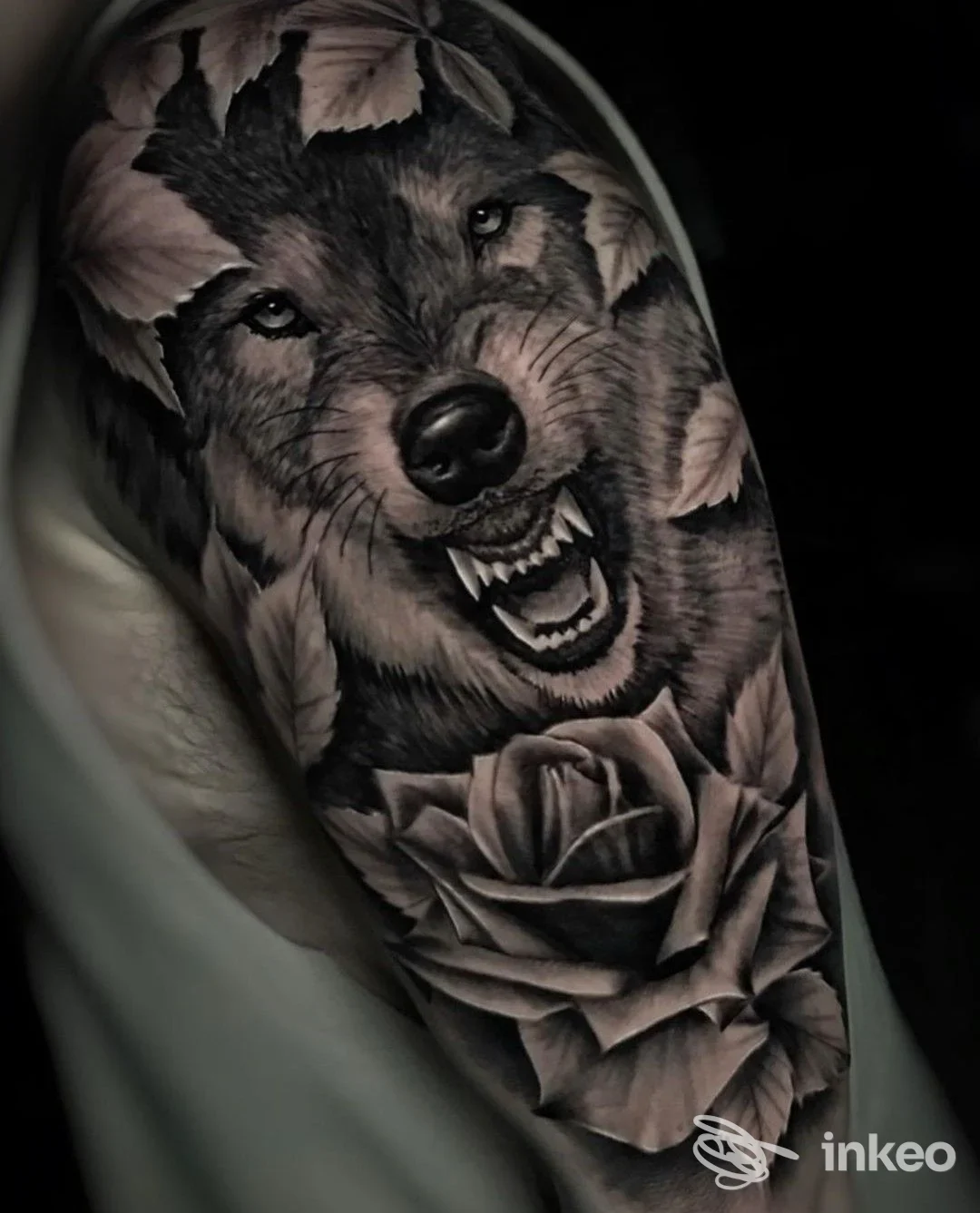 Tattoo realistico sul braccio raffigurante un lupo che sbava e una rosa, realizzato sulla pelle umana, senza presenza di volto umano intero o elementi di overlay sociale.