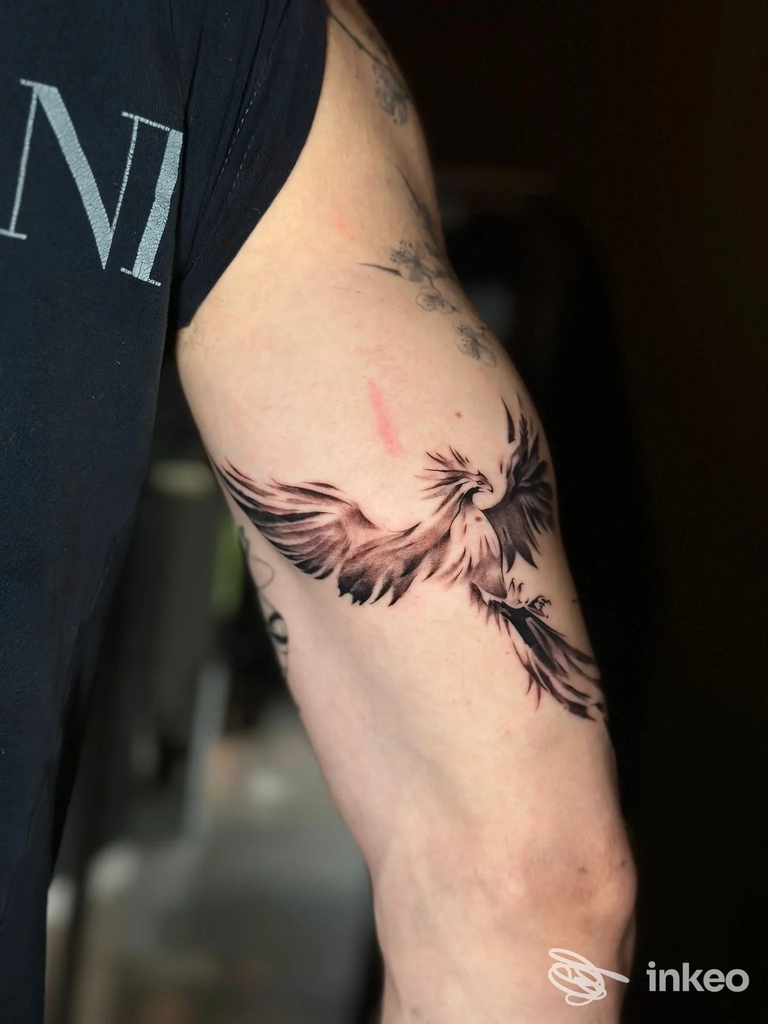 Tatuaggio di un uccello in volo sul tricipite, scattato nel District Tattoo Studio a Castelvetro Piacentino.