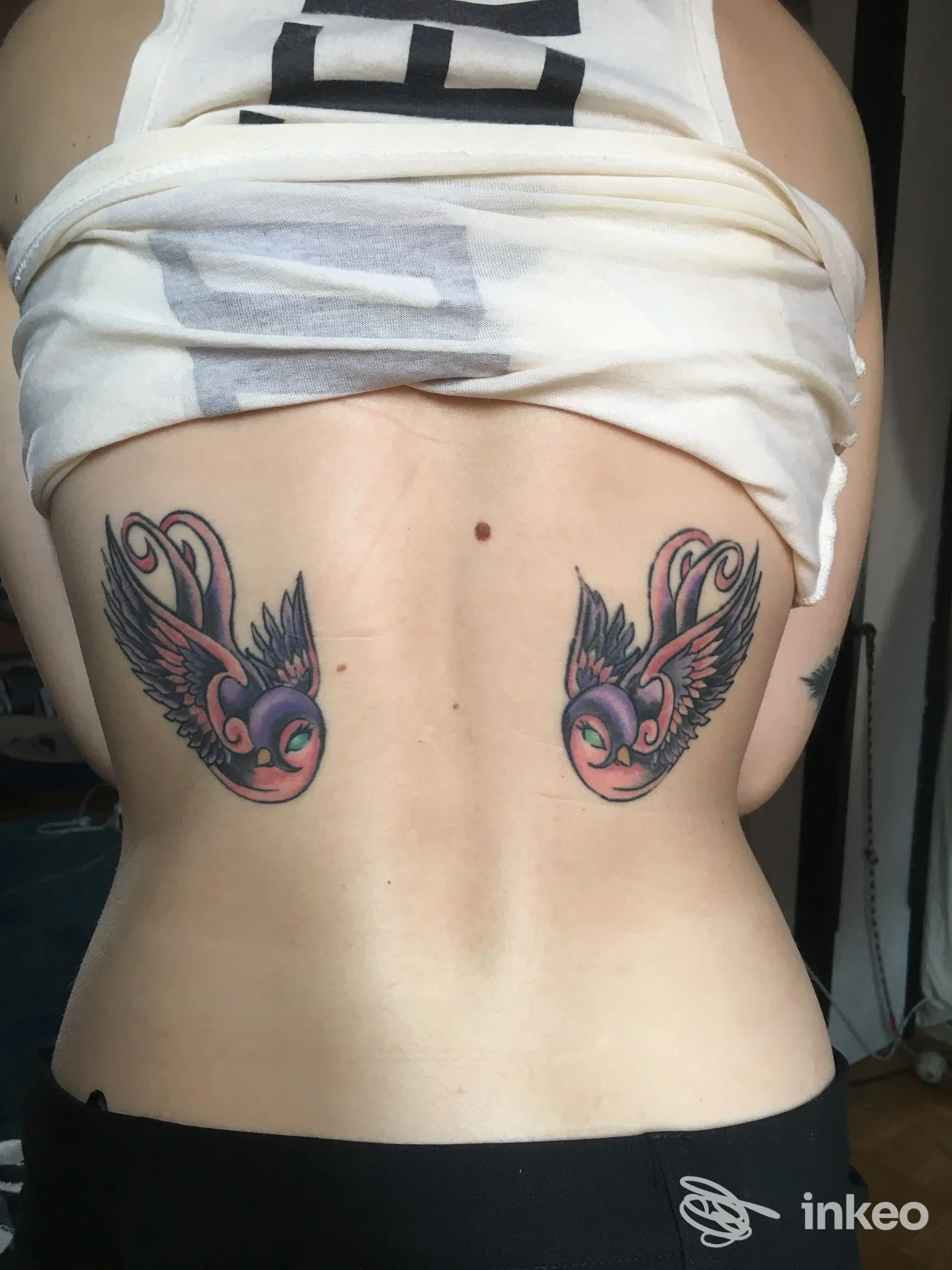 Due tatuaggi a forma di uccello colorato sui fianchi della schiena, fotografati per Wonderland.ink Tattoo & Piercing Studio, Bologna.