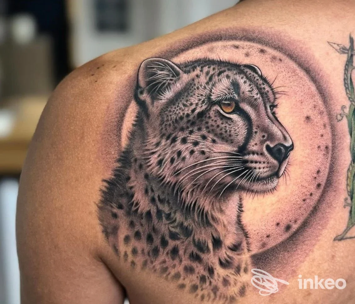 Grande tatuaggio realistico di ghepardo sulla spalla e parte superiore della schiena, lavoro fotografato da Icarus Tattoo & Portrait a Cadelbosco di Sopra.