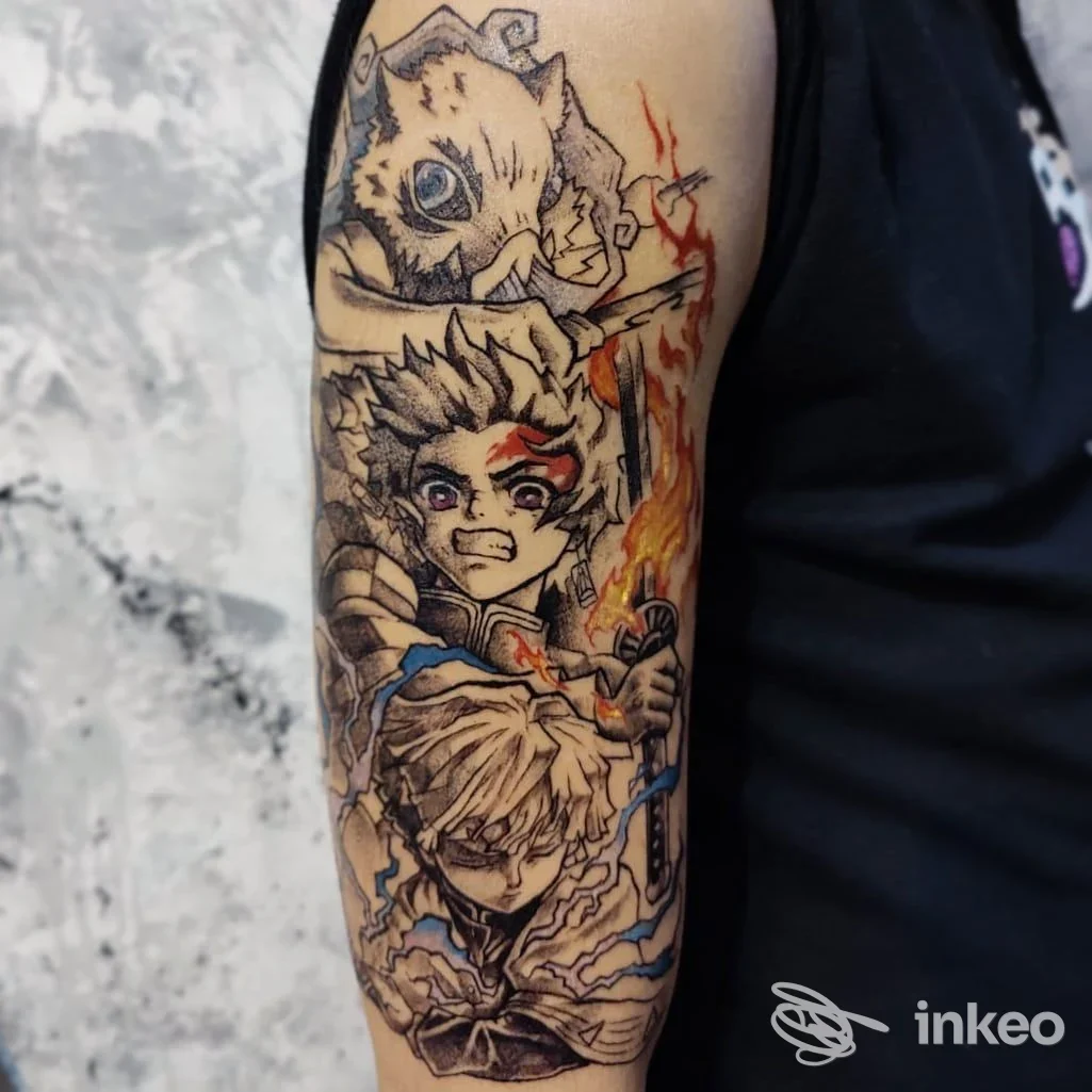 Tatuaggio a mezza manica su avambraccio con figure in stile fumetto, foto fornita da L.P.TATTOO a Carpi.