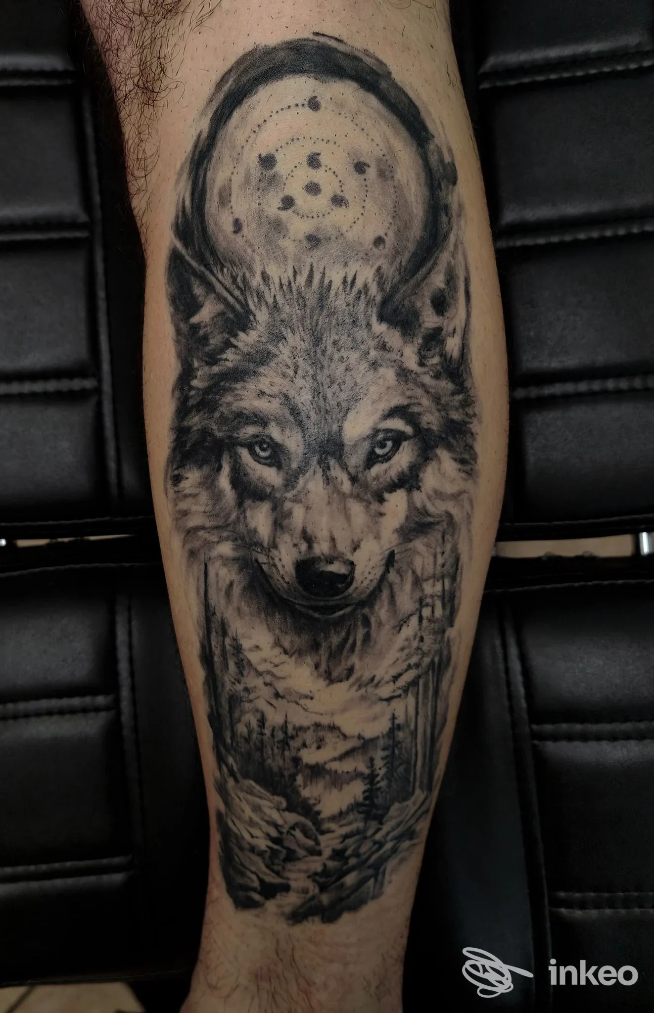 Tatuaggio realistico in bianco e nero di un lupo sul polpaccio, fotografato nello studio Torgal Tattoo a Savignano sul Panaro.