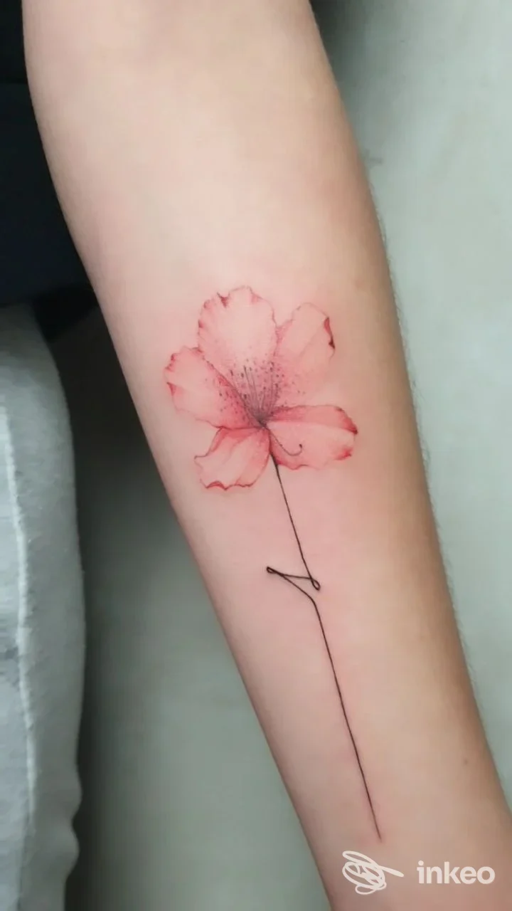 Tattoo floreale delicato sull'avambraccio: fiore rosso sfumato con gambo lineare nero e dettaglio a spilla, realizzato da Malusi Tattoo Atelier, Cervia.
