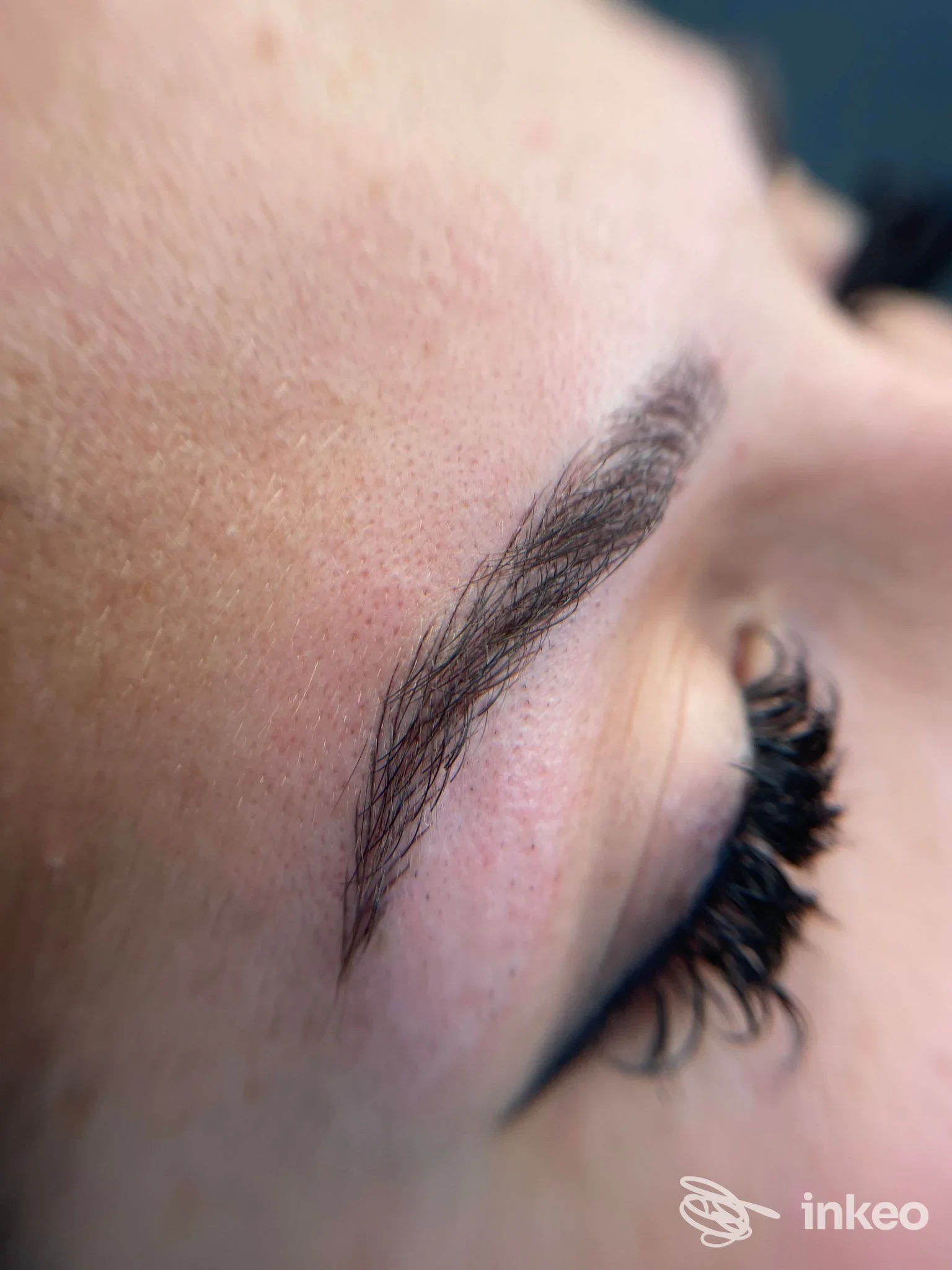 Primo piano di sopracciglio dermopigmentato dopo trattamento, foto fornita da Lucrezia Permanent Make Up a Ferrara.