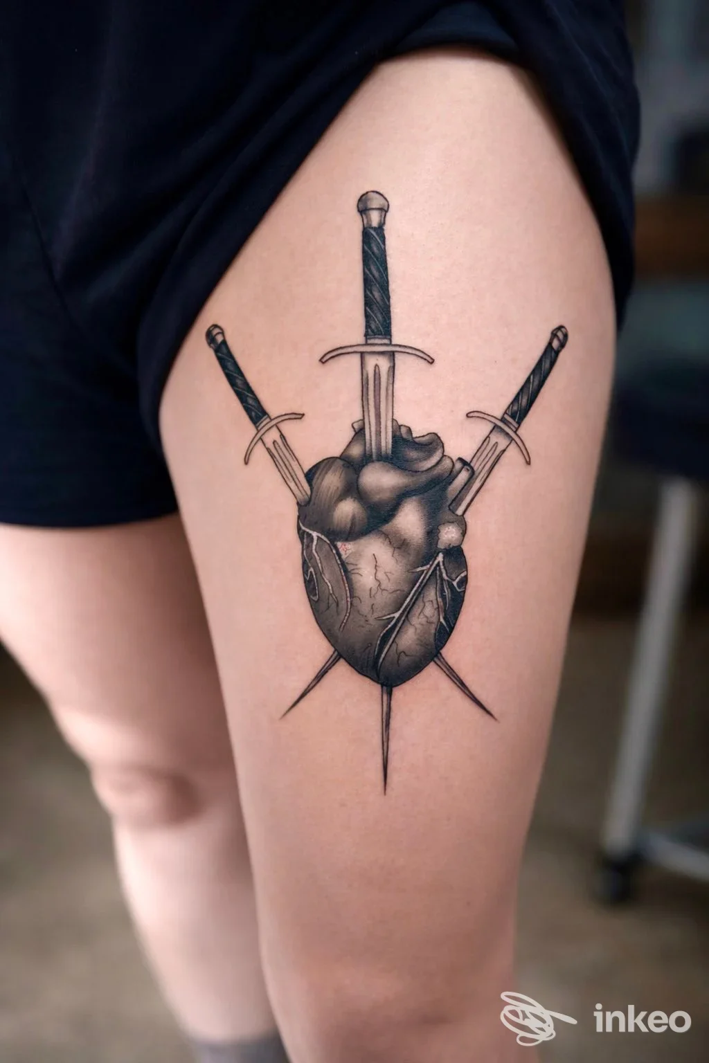 Tatuaggio cuore anatomico trafitto da tre pugnali sulla coscia, foto fornita da Inkshady Tattoo Studio, Savignano sul Rubicone.