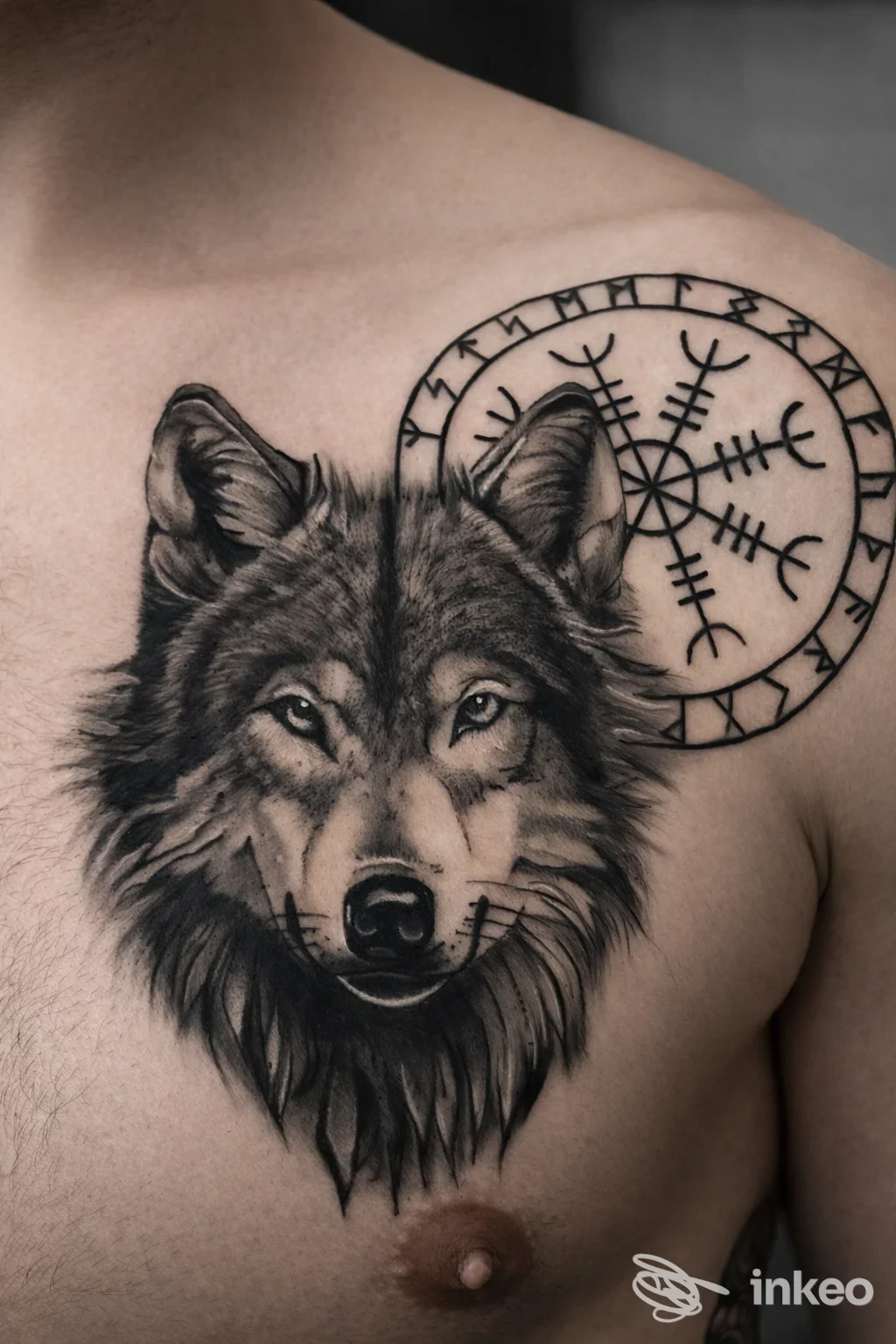 Tatuaggio in bianco e nero: testa di lupo sul petto con vegvísir sulla spalla destra. Inkshady Tattoo Studio, Savignano sul Rubicone.