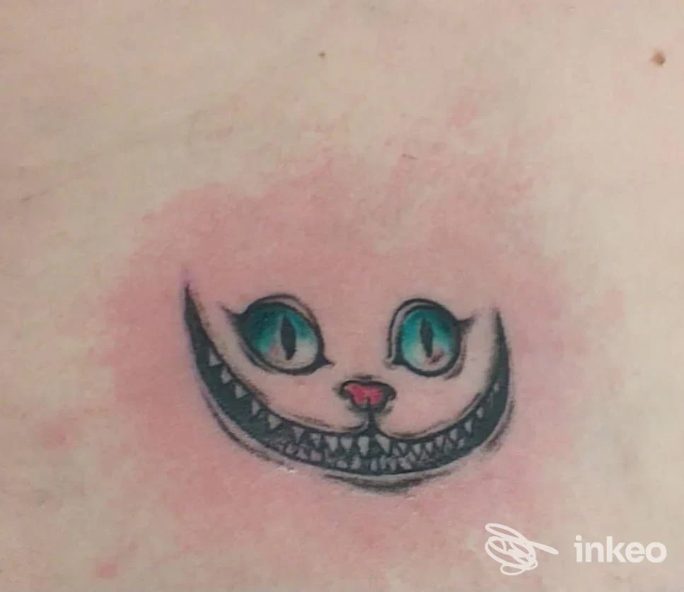 Tatuaggio piccolo con sorriso dentato e occhi verdi in stile Cheshire Cat, su pelle; art studio tattoo, Pavullo nel Frignano.