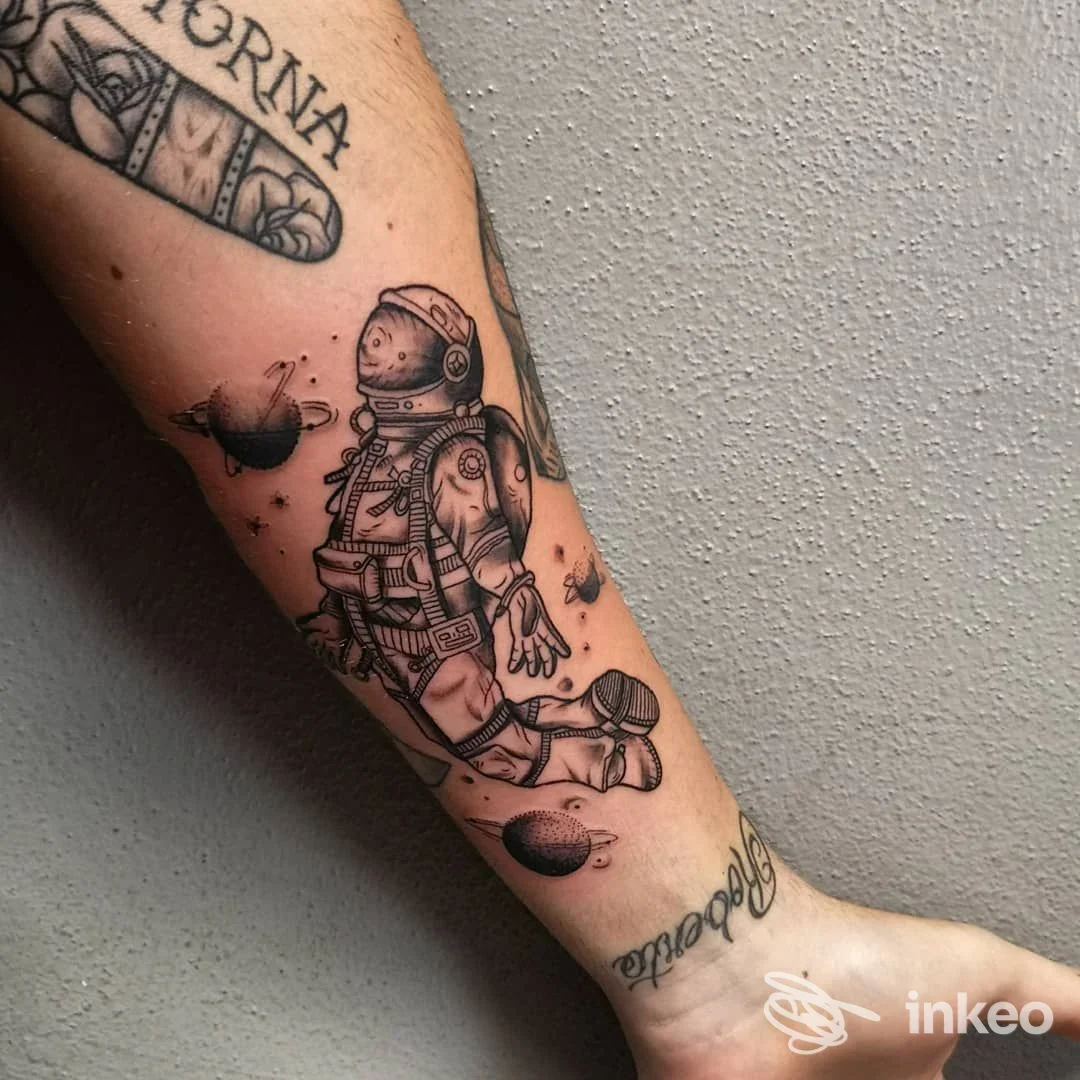 Tatuaggio di un astronauta in stile blackwork sull'avambraccio, foto inviata da La Perla Nera Tattoo Ink, San Nicolò.