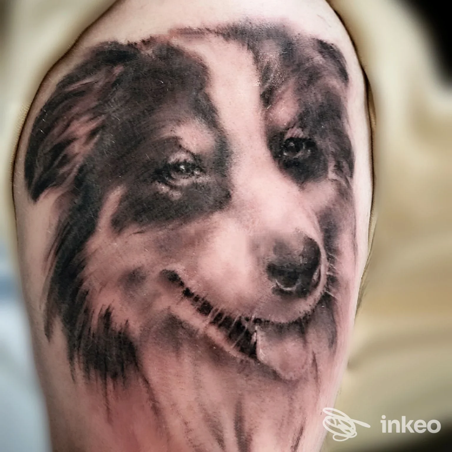 Tatuaggio realistico del volto di un cane sulla parte superiore del braccio, realizzato da Alex Tattoo a Cento.