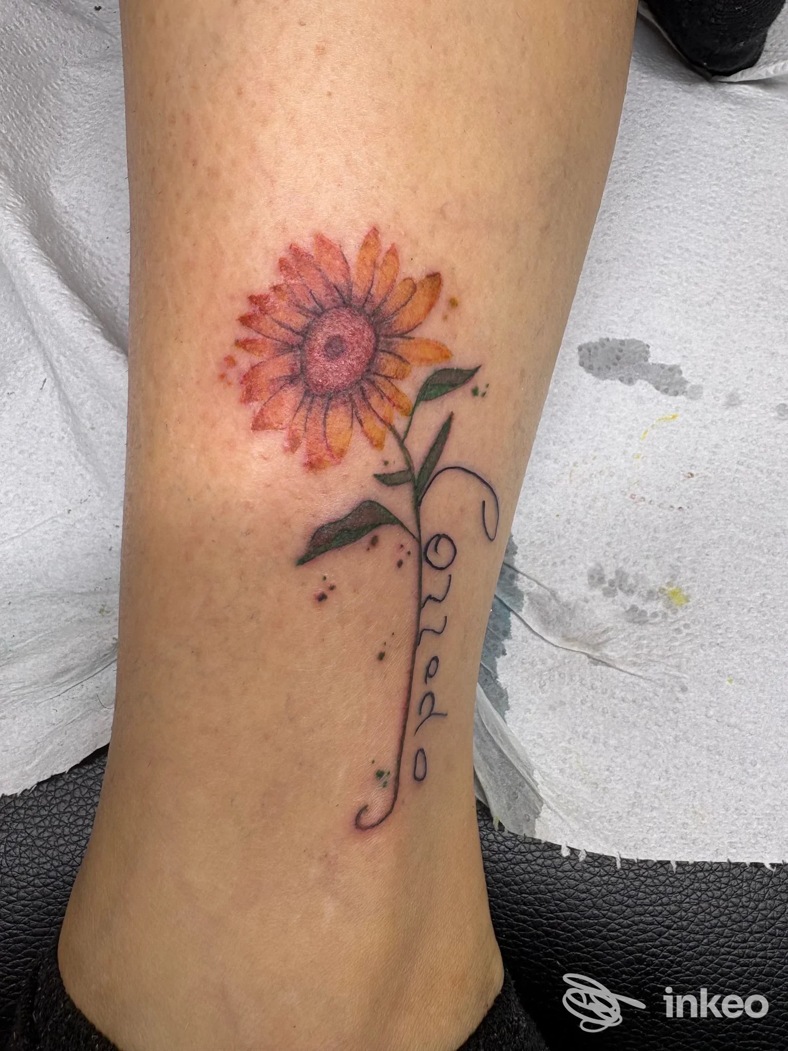 Tatuaggio colorato di girasole con scritta sul polpaccio, scattato da Oceania Tattoo a San Cesario sul Panaro.