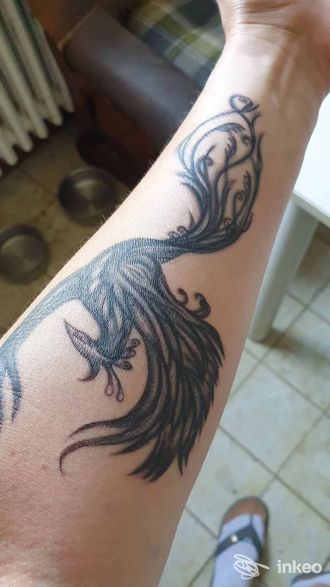 Tatuaggio nero stilizzato sull'avambraccio fotografato in interno, immagine inviata da Joker Tattoo a Reggio nell'Emilia.
