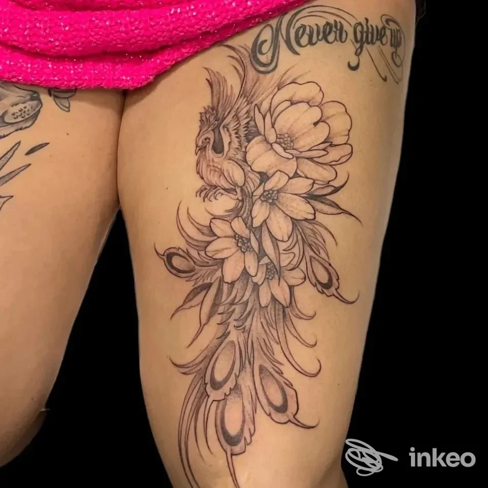Dettaglio di tatuaggio su coscia raffigurante un uccello stilizzato e fiori, eseguito da Vintage Tattoo Shop a Ferrara.