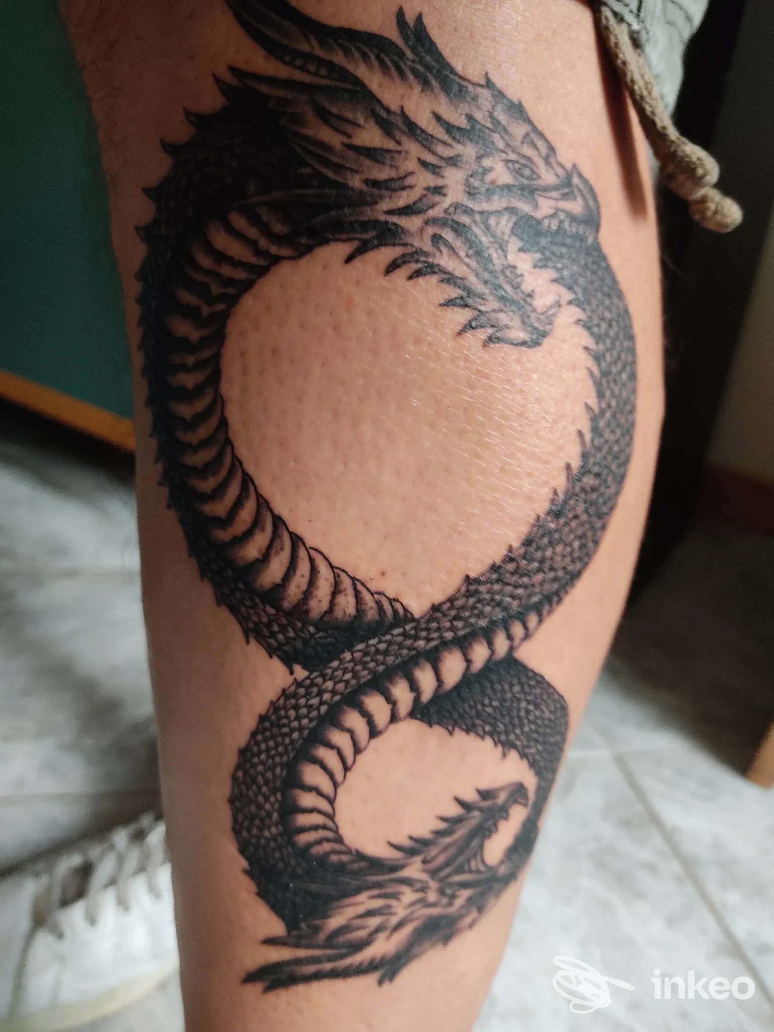 Tatuaggio a doppia testa di drago a forma di otto sul polpaccio, eseguito da All Ink Tattoo Forlì a Forlì.