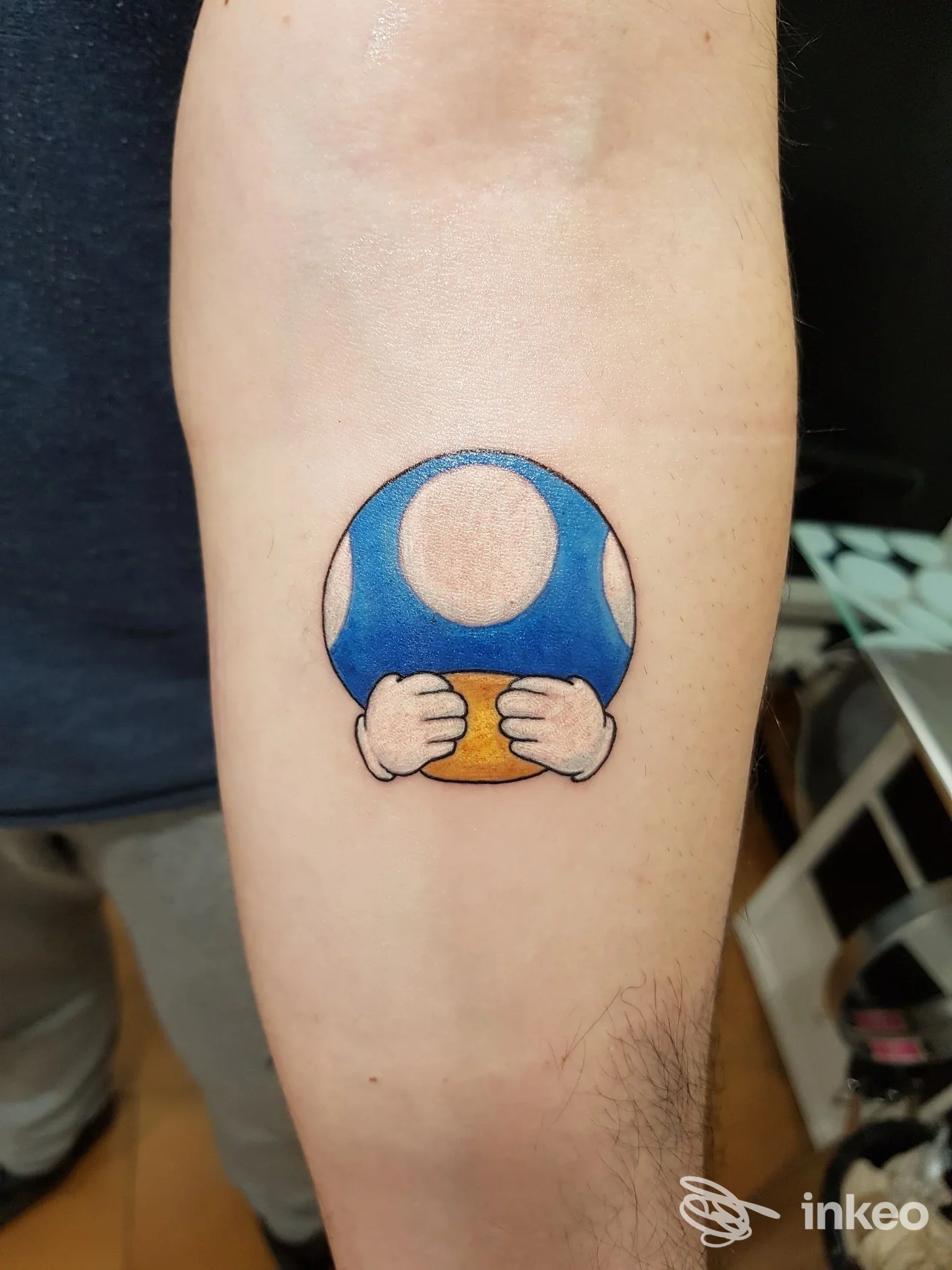 Tatuaggio colorato di un fungo in stile cartone sull'avambraccio, realizzato da Domenico Tattoo a Modena.