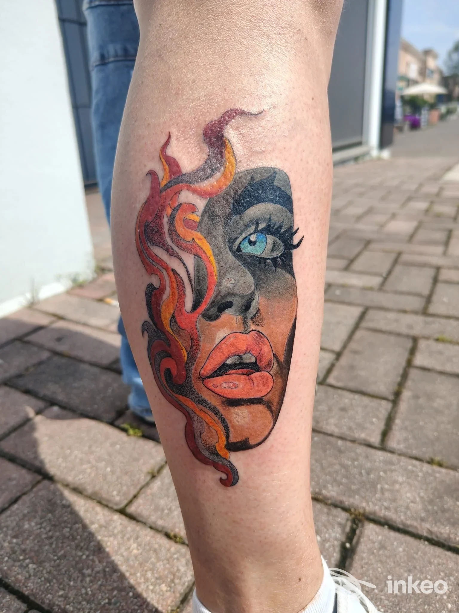 Tatuaggio su polpaccio con volto stilizzato e fiamme, foto fornita da B-Max Tattoo, Casalgrande.