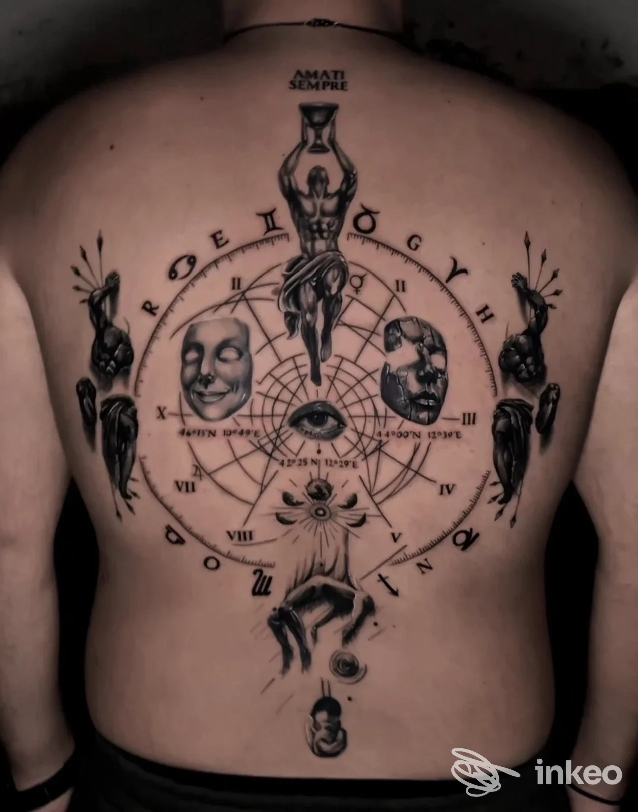 Grande tatuaggio nero e grigio sulla schiena con simboli, volti e clessidra — foto fornita da 99 INK Tattoo Studio, Case Trebbio.