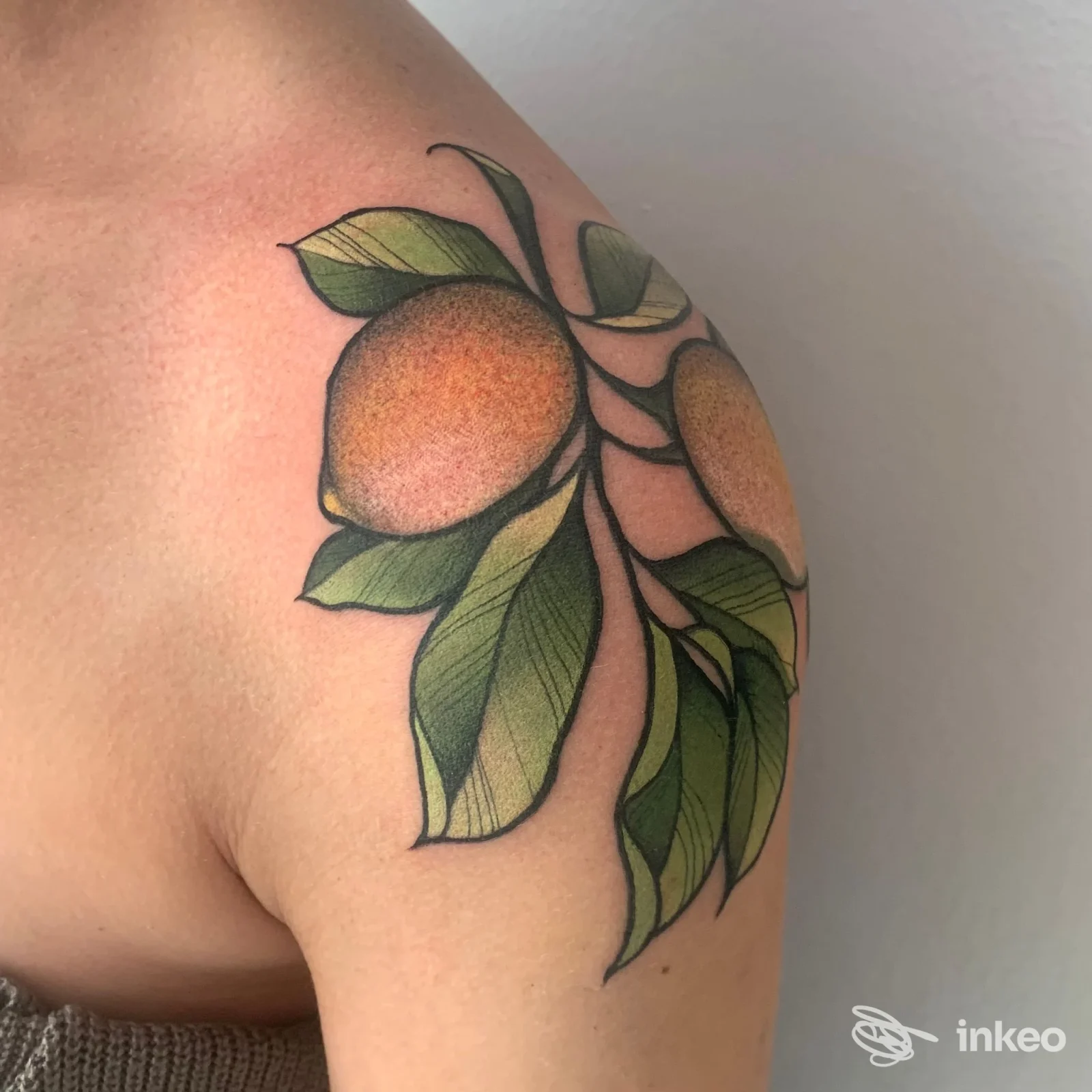 Tatuaggio colorato sulla spalla con rami, foglie e frutti, fotografato presso BetoBeto Tattoos Studio, Rimini.