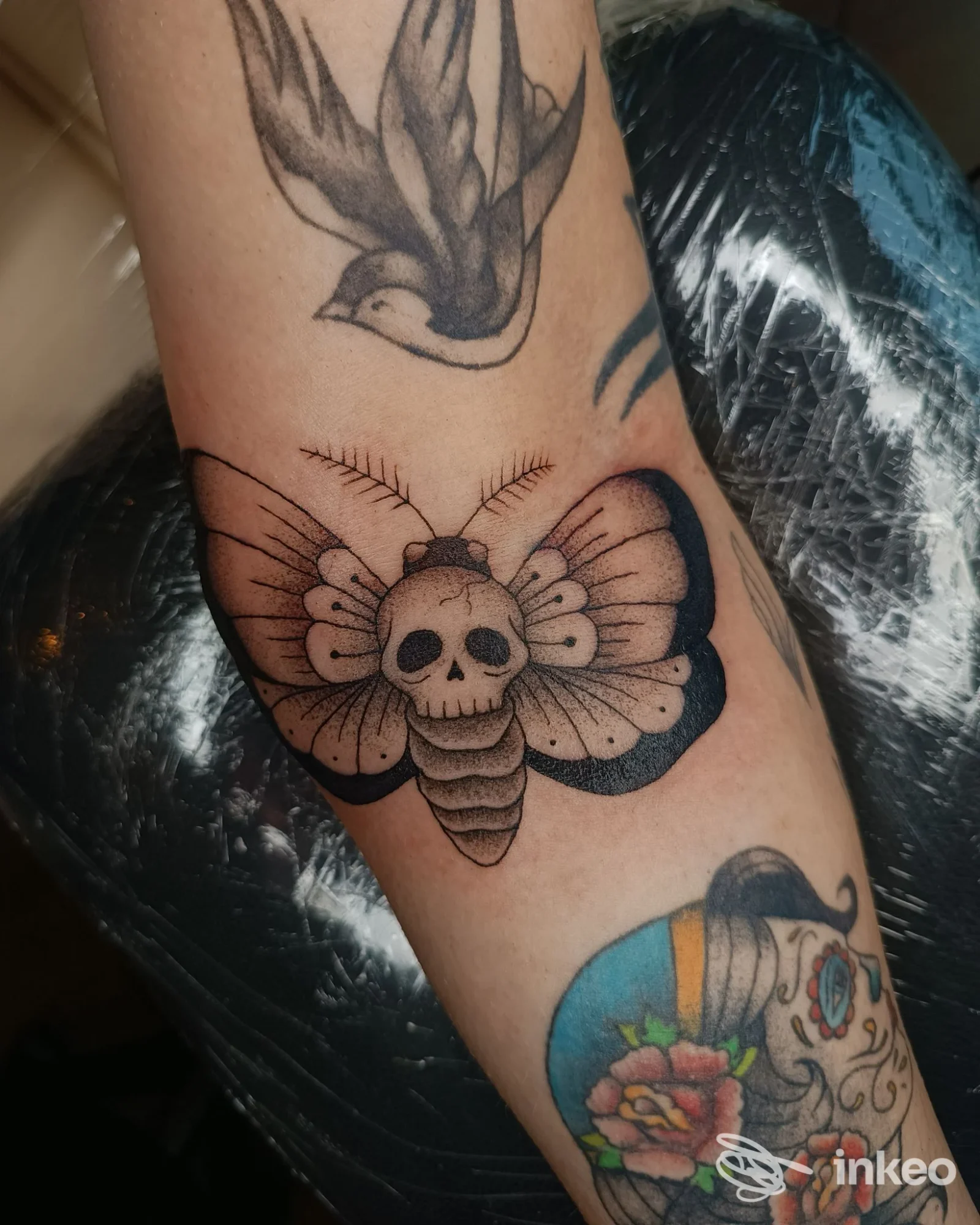 Tatuaggio su avambraccio con falena e teschio realizzato da Sol Invictus tattoo&piercing, Tolmezzo.
