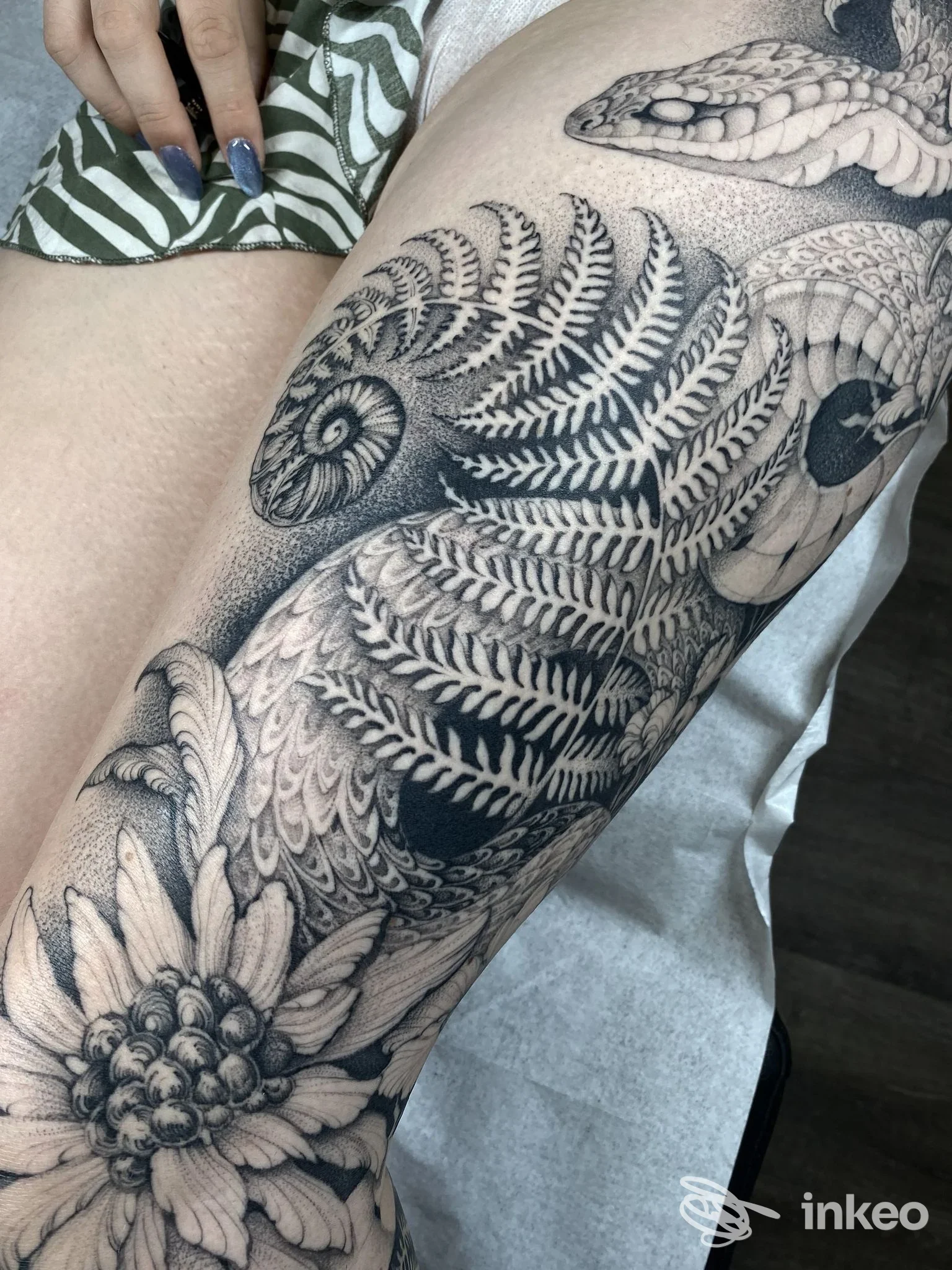 Dettaglio di tatuaggio blackwork/dotwork su coscia con felce, fiore e motivo a chiocciola. Domino Tattooing, Sacile.