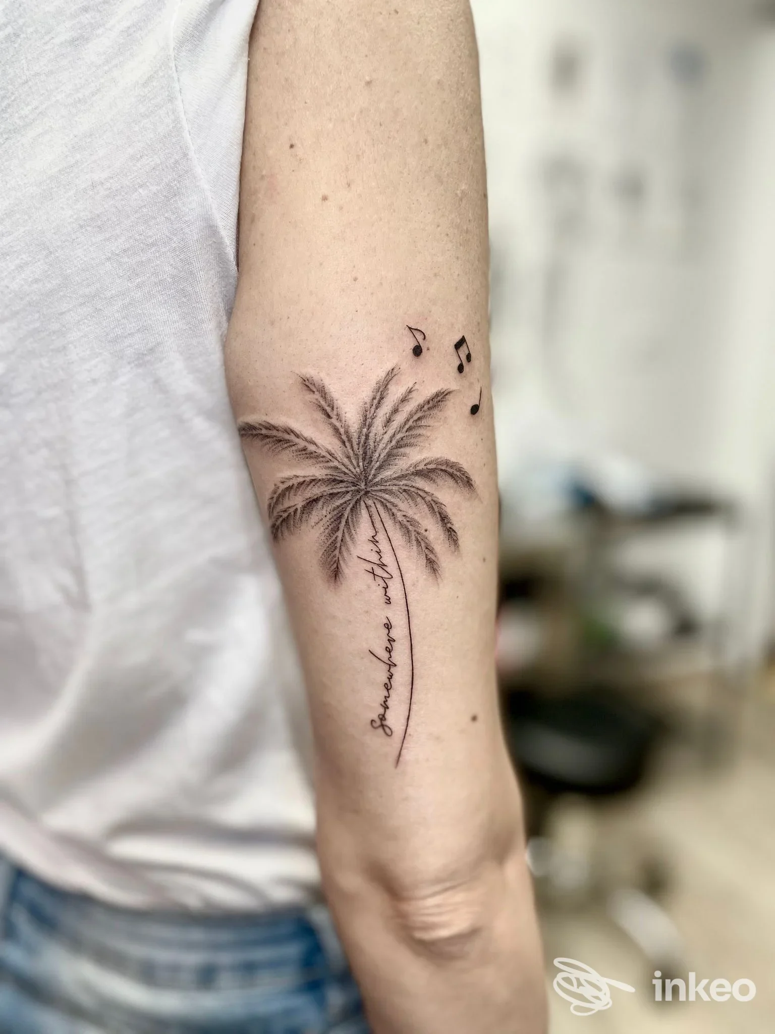 Tatuaggio palma stilizzata con note musicali sul braccio, foto realizzata presso Lagoon Ink a Marano Lagunare.