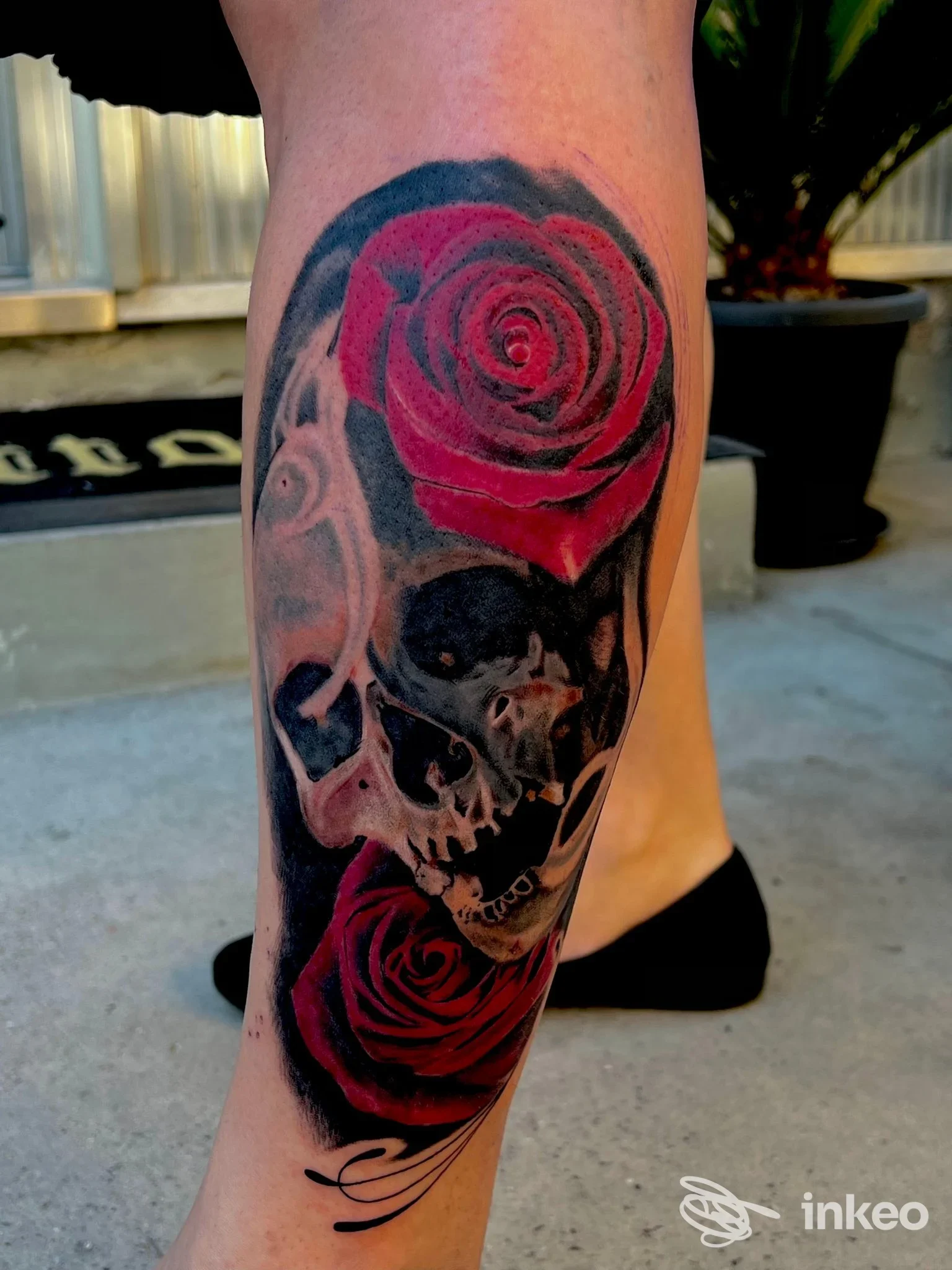 Tatuaggio su polpaccio con teschio e due rose rosse, Black Iron Tattoo, Lignano Sabbiadoro.