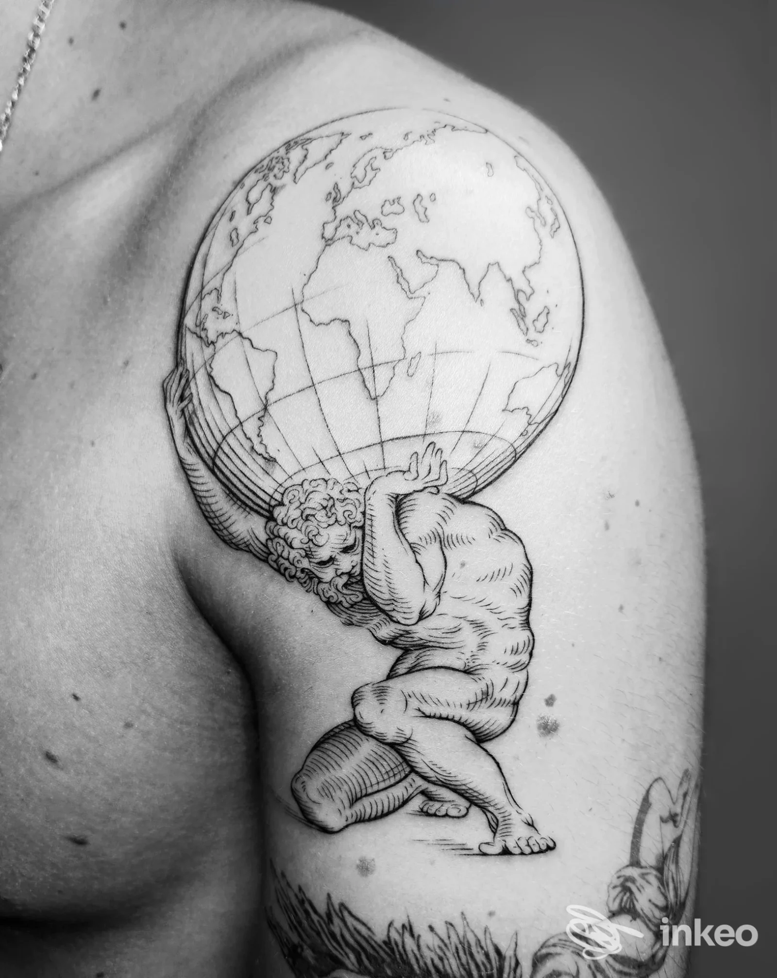 Tatuaggio su spalla e parte alta del braccio: Atlante che sorregge un globo, linework in bianco e nero — AufBau Tattoo, Udine.