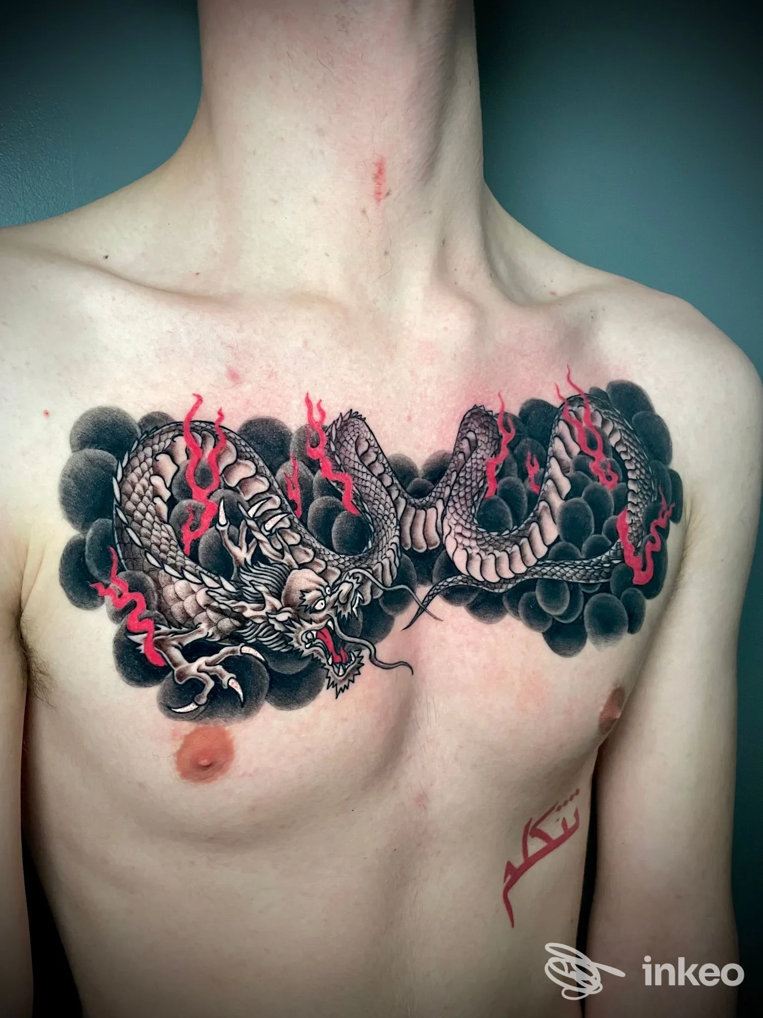 Tatuaggio a doppio serpente sul petto, Different Tattoo Studio, Pasian di Prato.